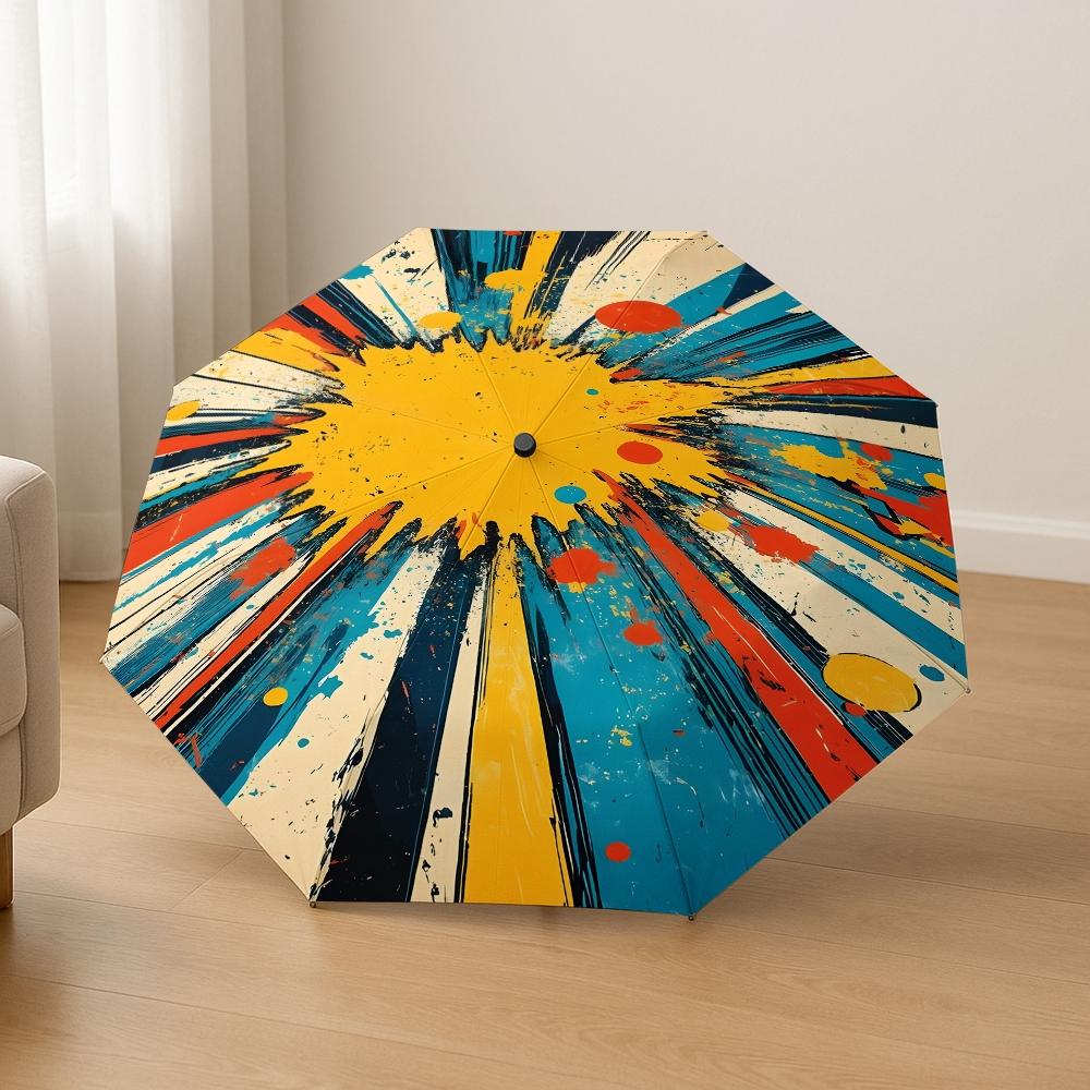 Comic Explosion Wind Resistant Foldable Automatic Umbrella Vintage Splatter Bold Colors, Functional Photo Prop, Portable 8 Ribs, Great Gift for Christmas & Valentine's Day