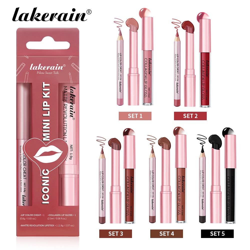 Iconic Mini Lip Kit, 3 Counts/Set, Waterproof and Smudge-Proof Lipstick Set, High-Pigment Lip Liner, Matte Lip Pencil, Lip Liner+Matte Lipstick+ Lip Gloss, All-in-One Longwear Lip Makeup, for Outdoor and Travel, Lip Cosmetics, Lip Makeup
