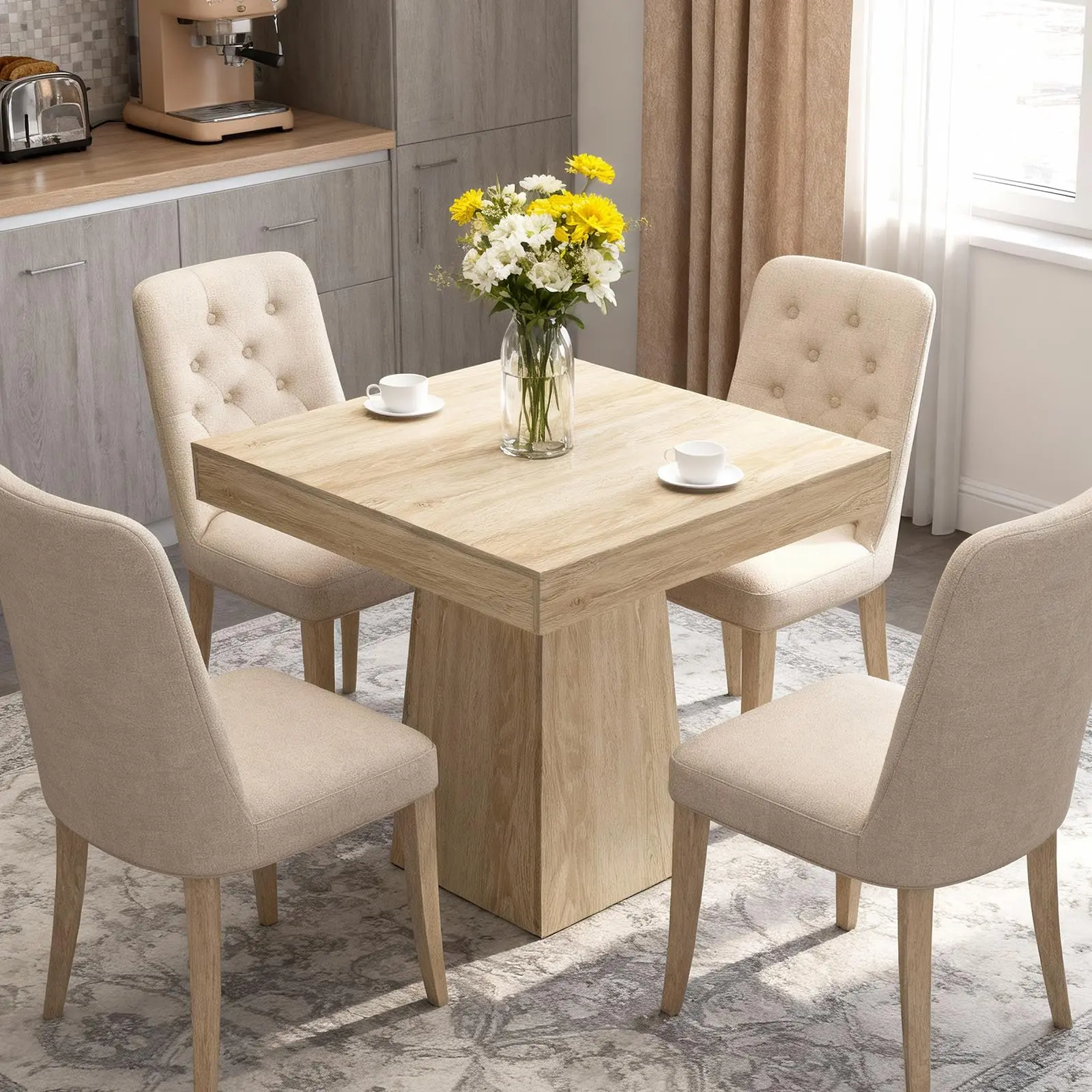31.5" Square Modern Farmhouse Dining Table for 4 - Space-Saver Pedestal Base with Sturdy Trapezoid Support - Wood Finish Compact Kitchen Table for Apartments, Breakfast Nooks