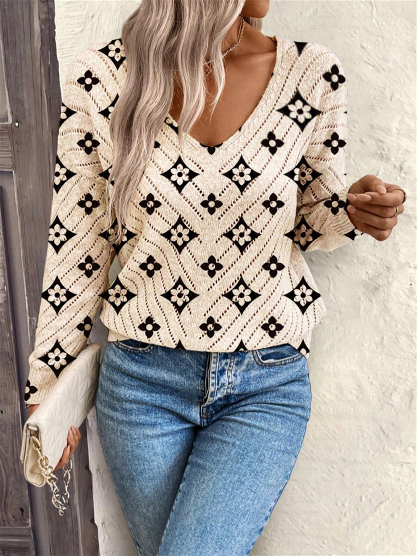 Women's Geometric Print Long Sleeve Knit Top, Casual Elegant Vacation Style Sweater, Loose V Neck, Comfortable Warm, Fall Winter