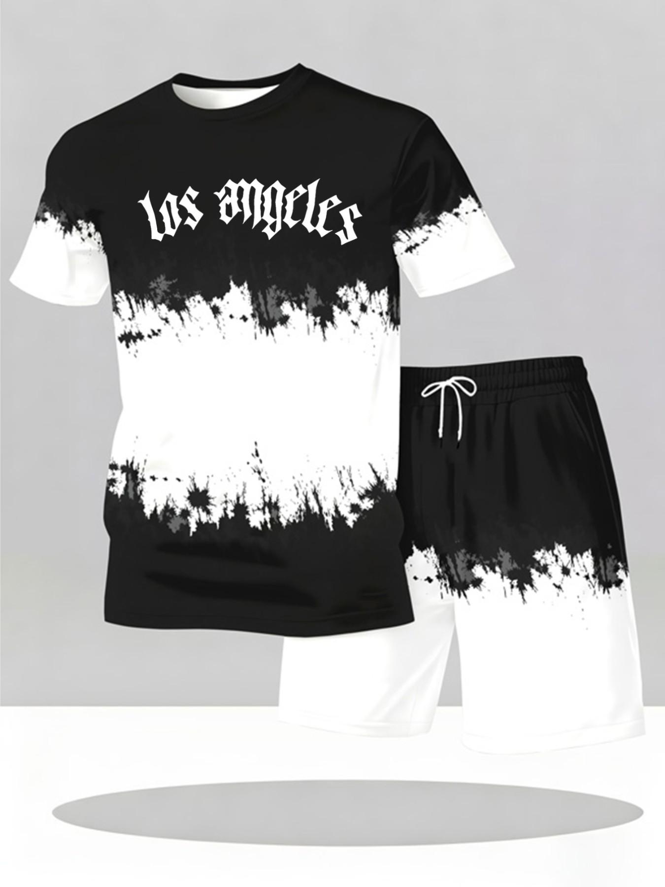 Loose short sleeved Top and shorts set, city English gradient print two-piece set, trendy daily outfit Fashion