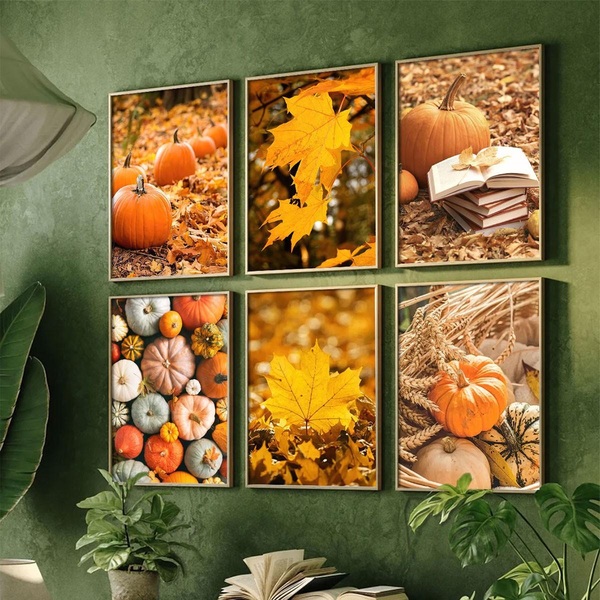 6pcs/set Frameless Canvas Poster Set, Harvest Season Pumpkin Maturity, Maple Leaves, Perfect for Living Room Bedroom Study