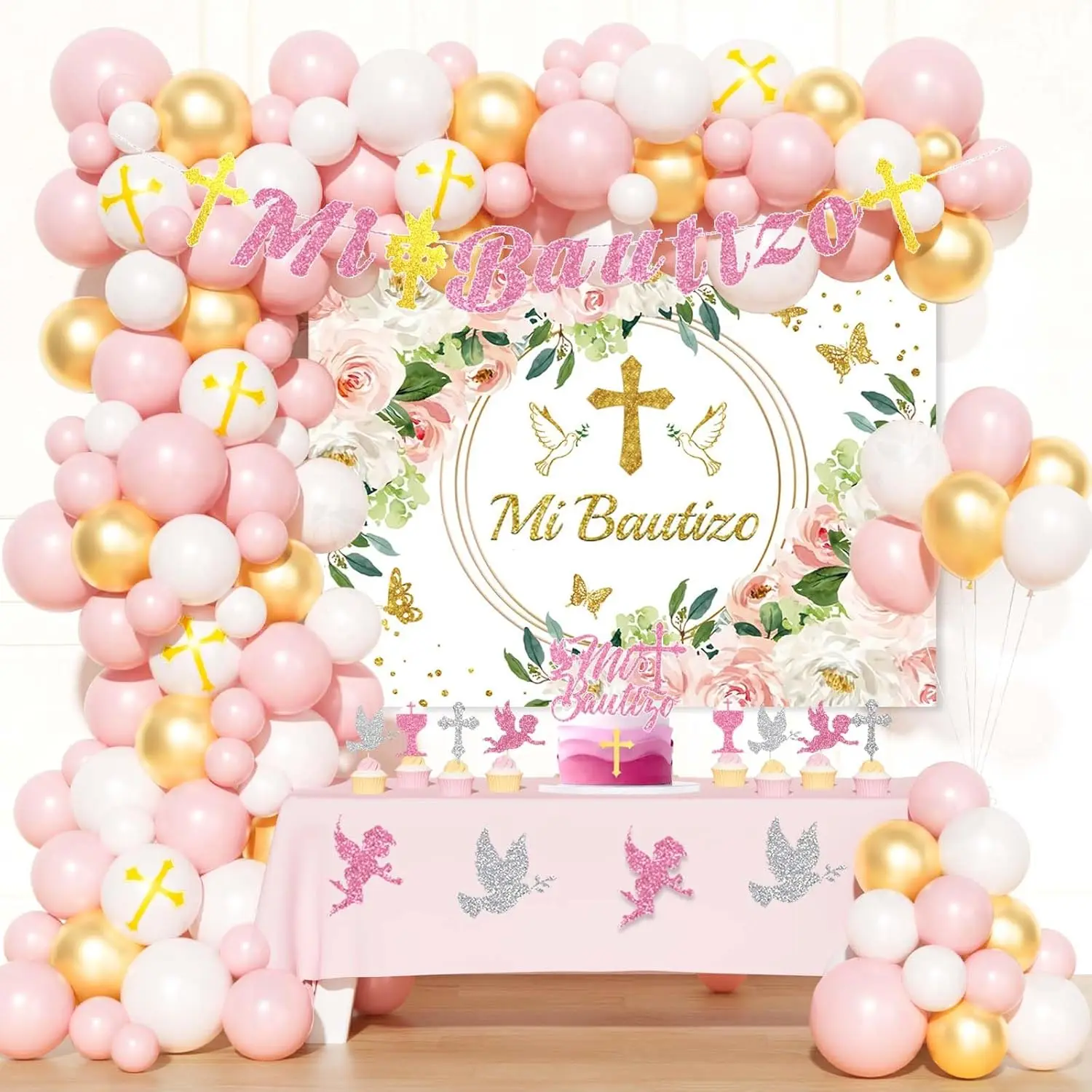 Mi Bautizo Decorations for Girls, Baptism Decorations, First Communion Christening God Bless Party Supplies Backdrop Pink Gold White Balloon Garland Arch Kit Glitter Banner Cake Cupcake Topper