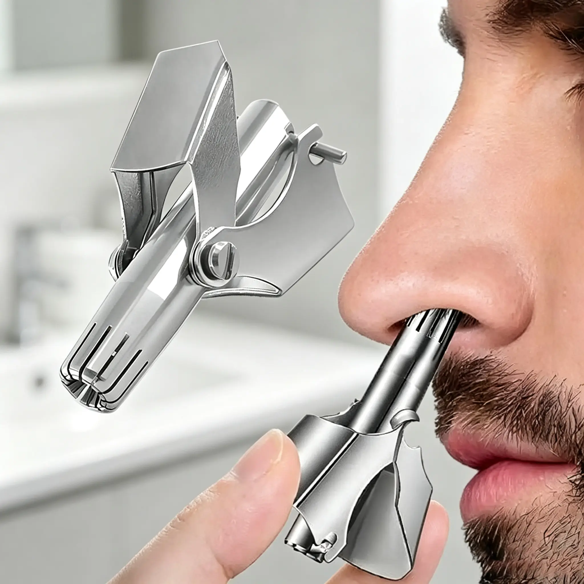 Manual Facial Hair Grooming Handheld Cutter - Stainless Steel Washable Blades Waterproof Tool for Nose, Ear, Lip Whisker Hair with Free Cleaning Brush