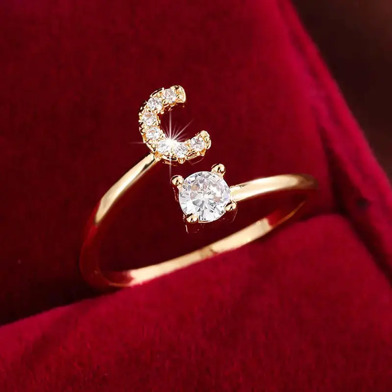 Exquisite Trendy Minimalist Adjustable Initial Letter Zircon Crystal Artificial Gemstone Ring - 26-Letter Band, Unisex Fashion Rings, Anniversary Gift for Him, Adult Jewelry Accessory for Everyday Wear