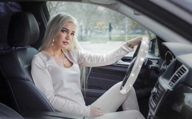 CAR PASS Bling Diamond Leather Steering Wheel Cover,with Sparkly Crystal Glitter Rhinestones Universal Fit 14" 1/2-15"Women Girl Fit Suvs,Vans,Sedans