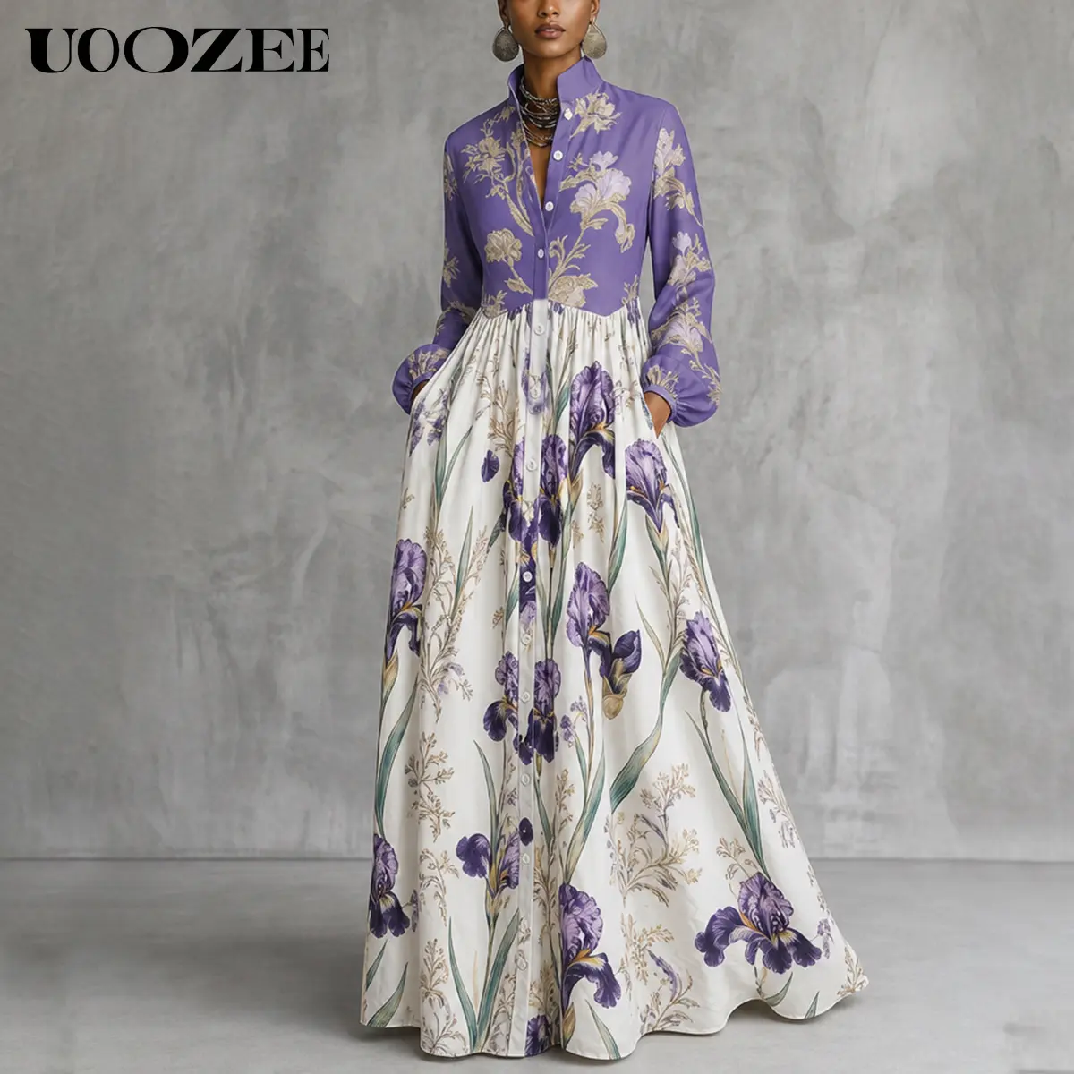 UOOZEE Women’s Bohemian Casual Floral Print Split-Joint Maxi Dress - Stand Collar, Long Sleeve, Button-Front, A-Line Gown with Side Pockets, Lightweight Breathable Non-Stretch 100% Polyester Loose Fit for 3 Seasons, Size Down 1 for Slim Petite Figures, Fa