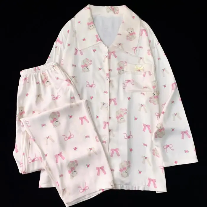Kawaii Sweet Pink Little Bear Print Lace Women Pajamas Korean Cartoon Cute Y2k Bow 2pc Nightwear 2024 New Autumn Lady Sleepwear