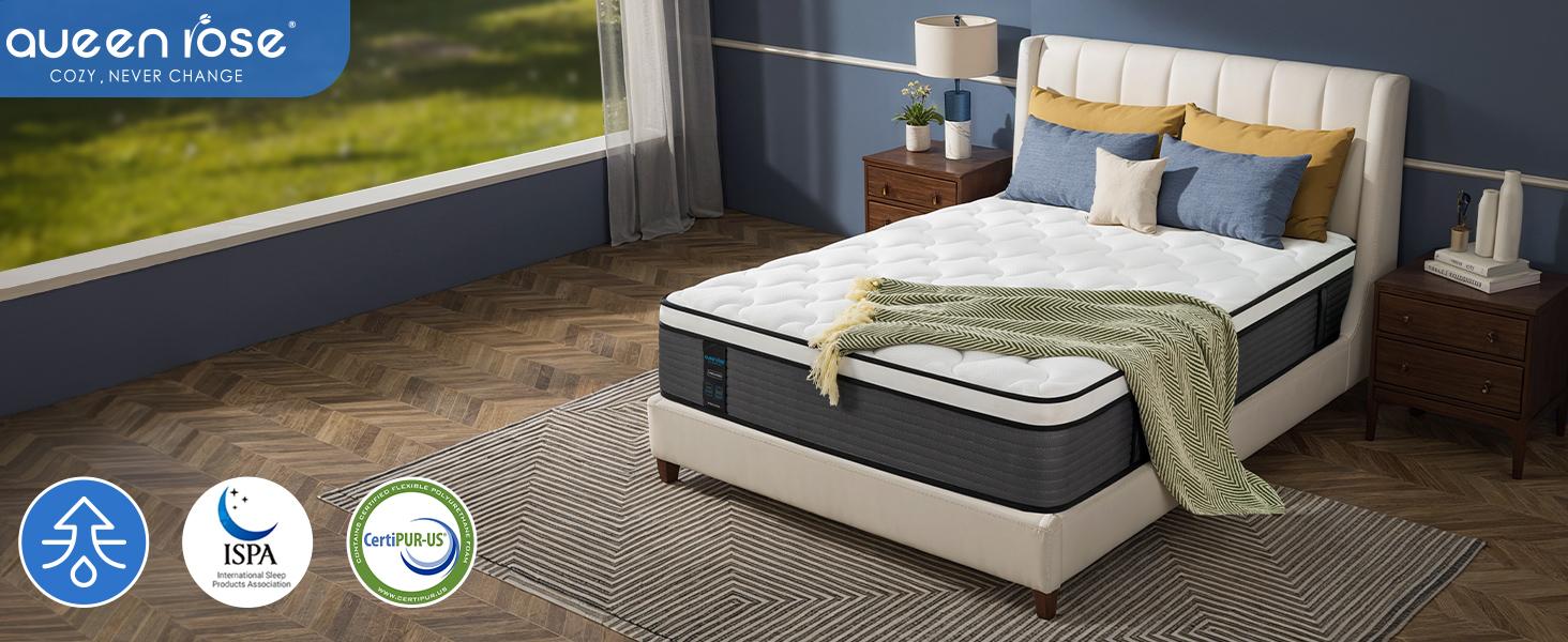 QueenRose Hybrid Mattress in a Box 10/12/14 Inch Individual Pocket Coils Memory Foam Queen/King Bed Firm Support Relieve Back Pain Easy Setup Outdoorfun Sleep Well, Excellent gift for Christmas and New Year