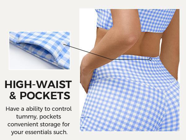 Aoysky Women's 2-Piece Sporty Chic Gingham Gym Set - Padded Open Back Crop Tank Top & High Waist Seamless Sports Shorts, Stretchy Athleisure Suit for Yoga (S-XXL) - Summer, Beach Vacation Outfits, Women's Bathing Suit Set, Workout Equipment