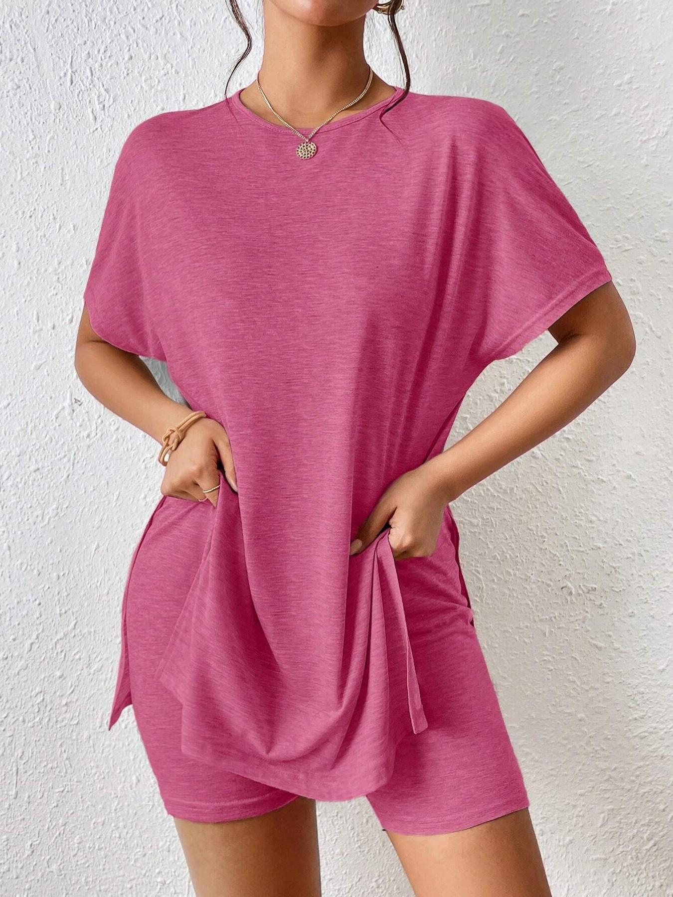 Women's Summer Casual Set, Plain Comfortable Split Two-Piece, Batwing Sleeve Round Neck T-Shirt + Tight Short Pants, Youthful Trendy