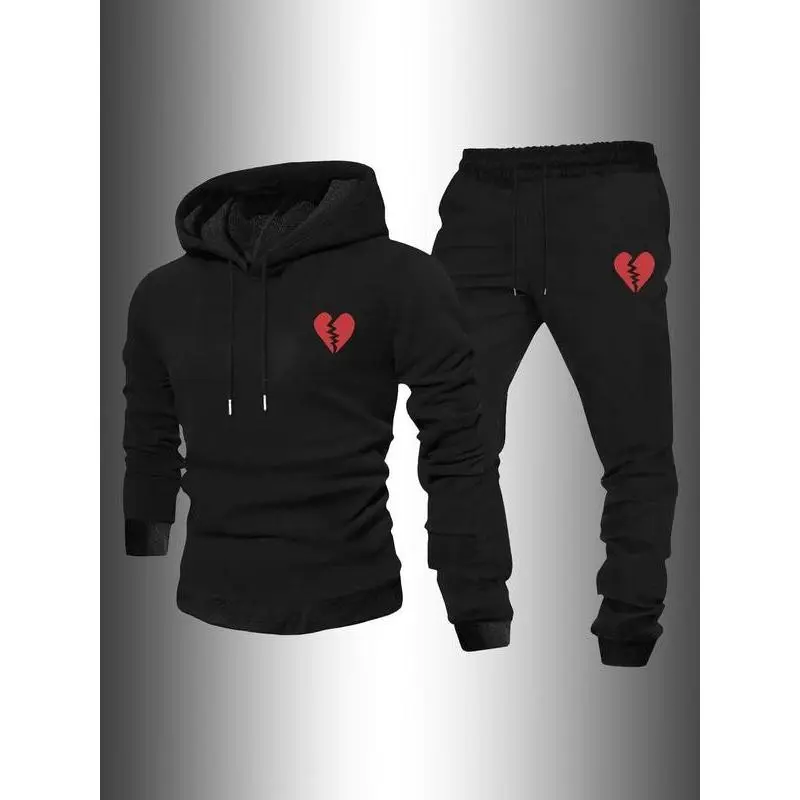 Men's Broken Heart Print Sweatshirt & Drawstring Waist Sweatpants Set, Regular Fit Casual Pullover Hoodie & Jogger Pants for Spring & Fall, Men's Outfits for Daily Wear, Tracksuit Set Valentine's Day, gift