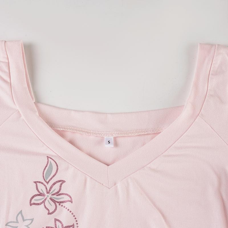 Sweet Slim-Fit V-Neck Floral Print Long Sleeve Top, Y2K Aesthetic College Style Casual Basic Tee, Spring & Fall Women's Fashion