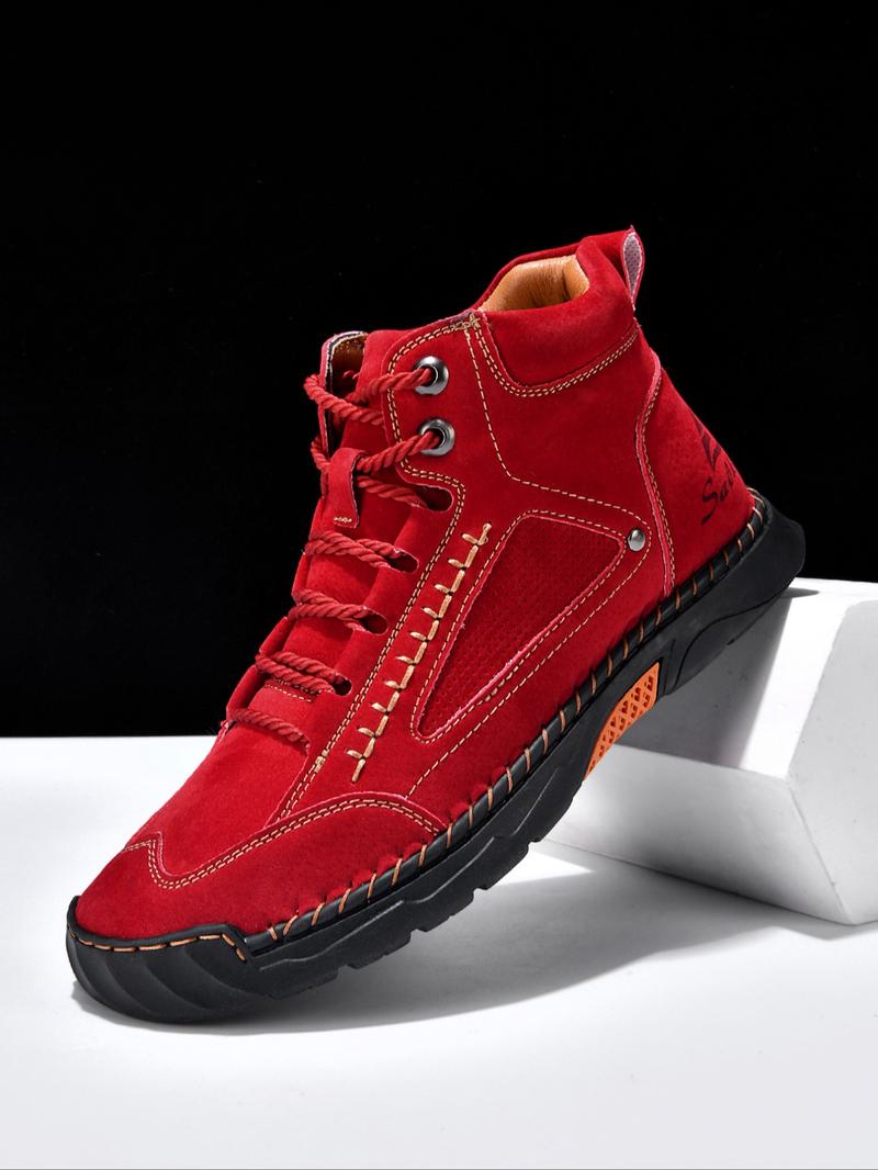 Men's Fashionable Patchwork Design Lace Up Ankle Boots, Casual Comfortable Breathable Non-slip Boots for Outdoor Activities, Durable PU Leather Shoes for Fall & Winter