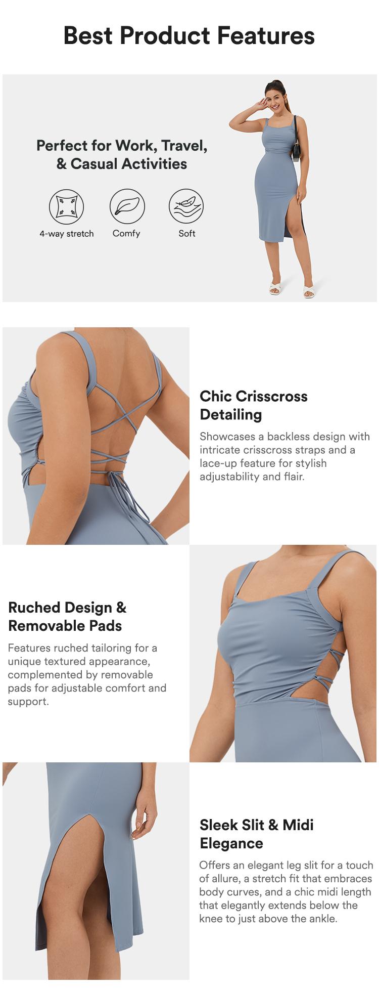 Halara Ruched Backless Crisscross Lace Up Split Bodycon Midi Casual Dress wedding