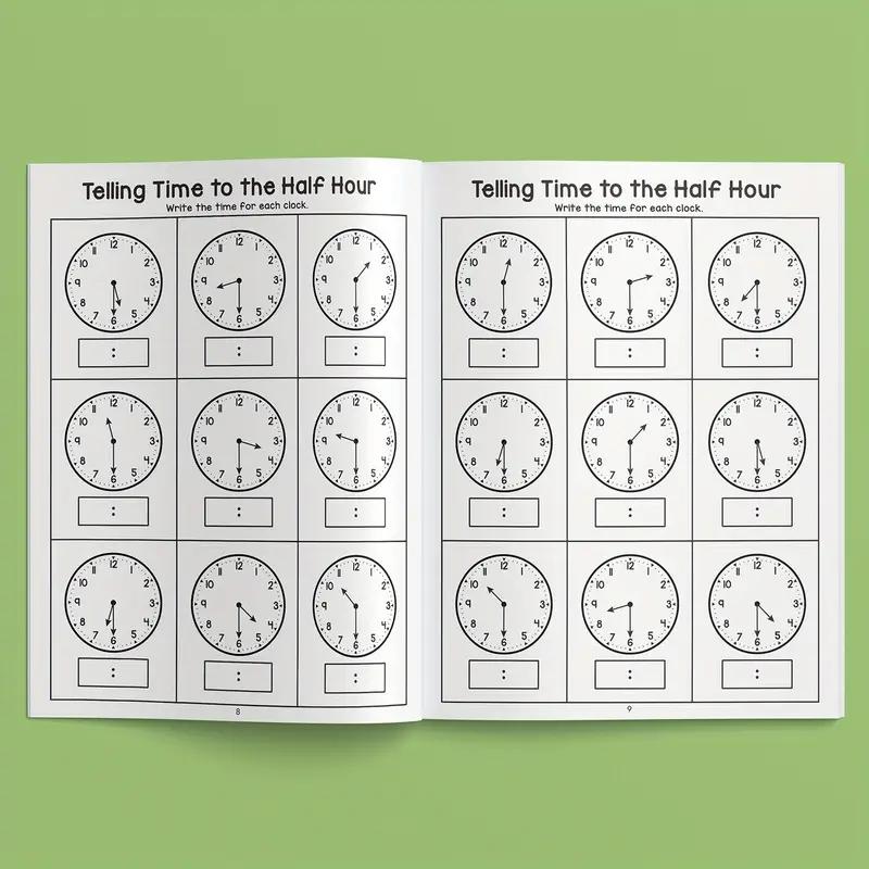 Elementary Time Practice Book, 32 Pages Math Learning Workbook with Colorful Clocks, Numbers & Letters, Home School Classroom Use