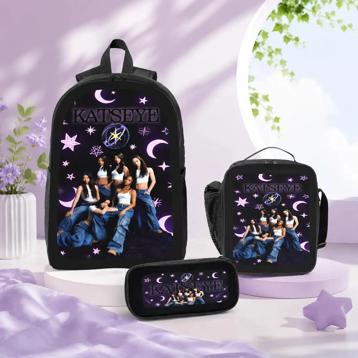 KATSEYE Backpack With Lunch Box Pencil Case 3 Piece For Boy Girl Teen Schoolbag Lightweight Large Capacity 600D Oxford Cloth Adjustable Straps Comfortable Mesh Back Cushioning backpack