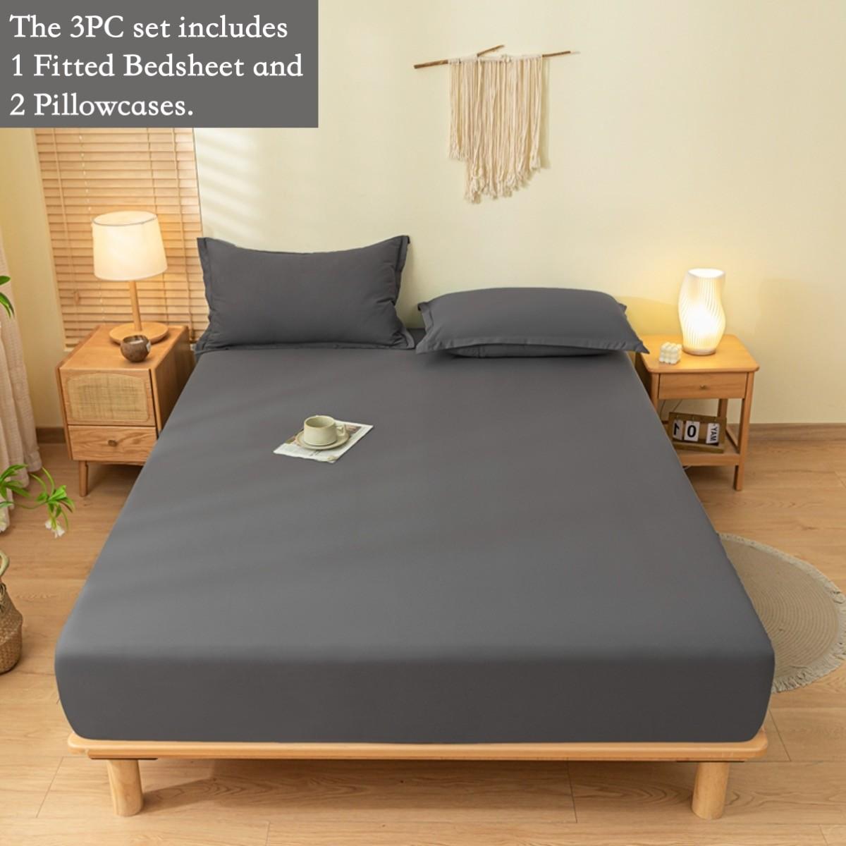 3pcs Solid Elastic Fitted Sheet Set, Full Coverage Non-Slip Mattress Protector, Deep Pocket Fits 5-30cm Mattress, Soft Breathable Durable Bedding, Wrinkle-Free and Fade-Resistant
