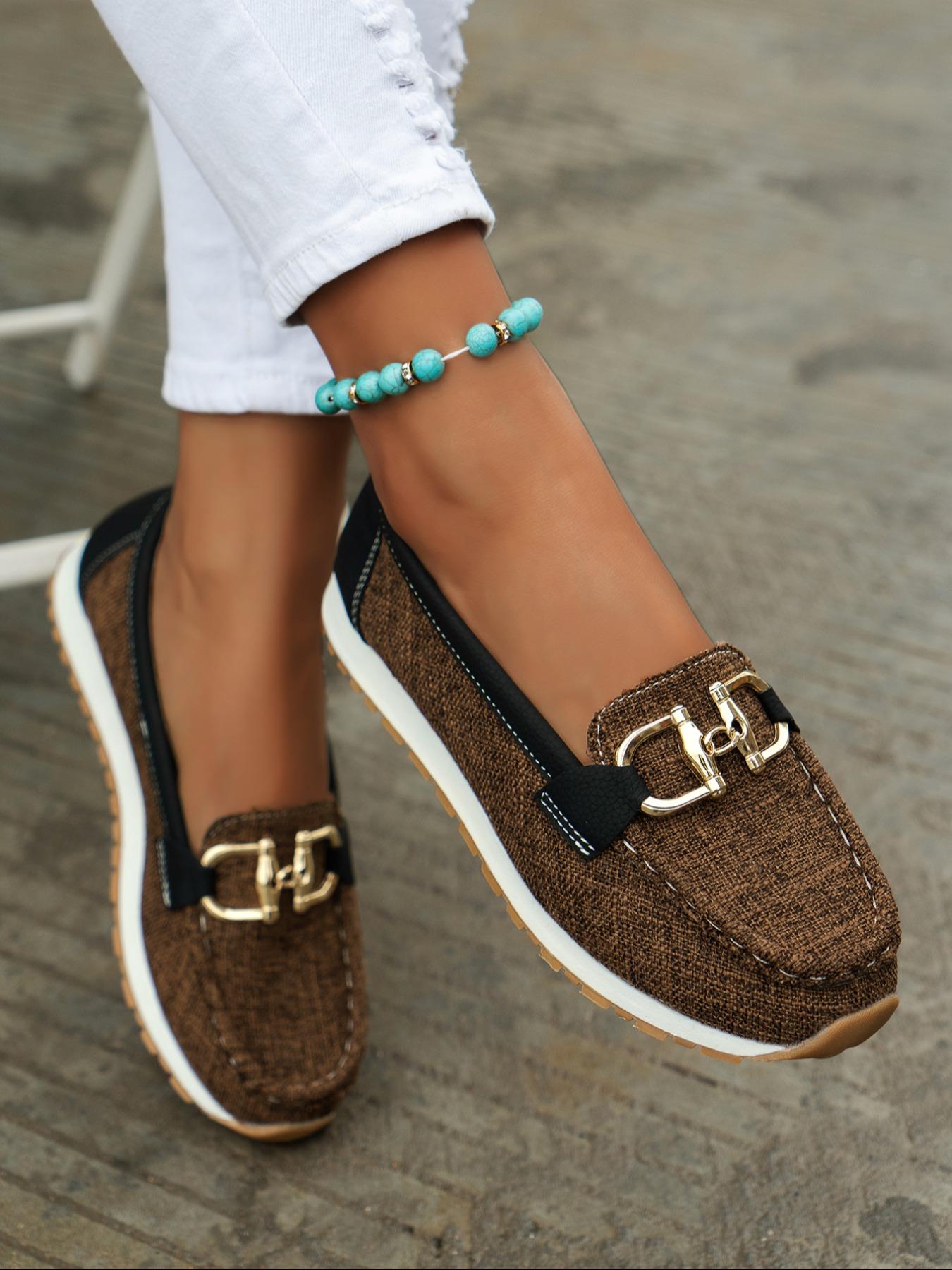 Fashion Chain Decorated Slip on Shoes for Women, Elegant Lightweight Flats, Casual Comfortable Flats Shoes for Daily Wear, All-match Commuter Comfortable Flats for Work & Daily Wear, Walking Shoes, Footwear, Grey Business Style Flats, Round Toe Flats