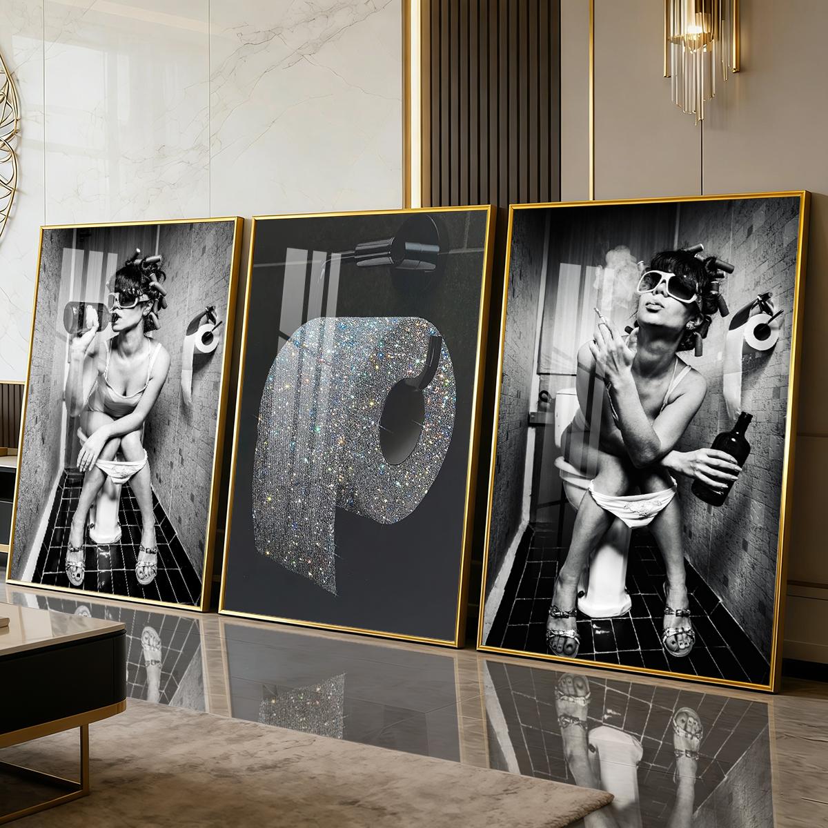 3 Counts Aluminum Alloy Framed Painting, Funny Woman Bathroom Drinking And Smoking Poster, Home Decoration For Living Room, Bedroom, Office, Restaurant, Hallway Wall Decor, Odorless Print Artwork, Luxury Perfect Gift For Friends And Family