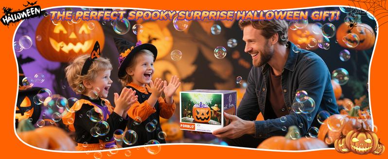 Pumpkin Bubble Machine with Spooky Sounds and Lights, Rechargeable Bubble Maker with Bubble Solution for Halloween Parties and Decor