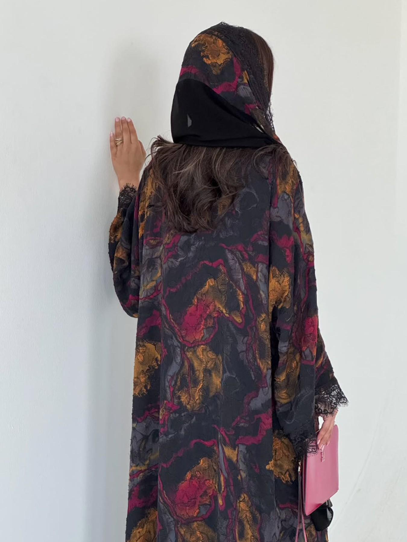 Women's Luxurious Lace Marble Print Robe, Elegant Open Front Kimono Style, Lace Trimmed, Muslim Modest Dress, Ramadan Eid Fashion