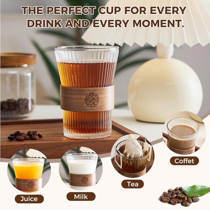 2pcs 320ML Glass Coffee Cups with Bamboo Sleeve, Espresso Drinking Set, Home Essential Glassware, Clear Cups for Beer, Cocktail, Tea, Latte