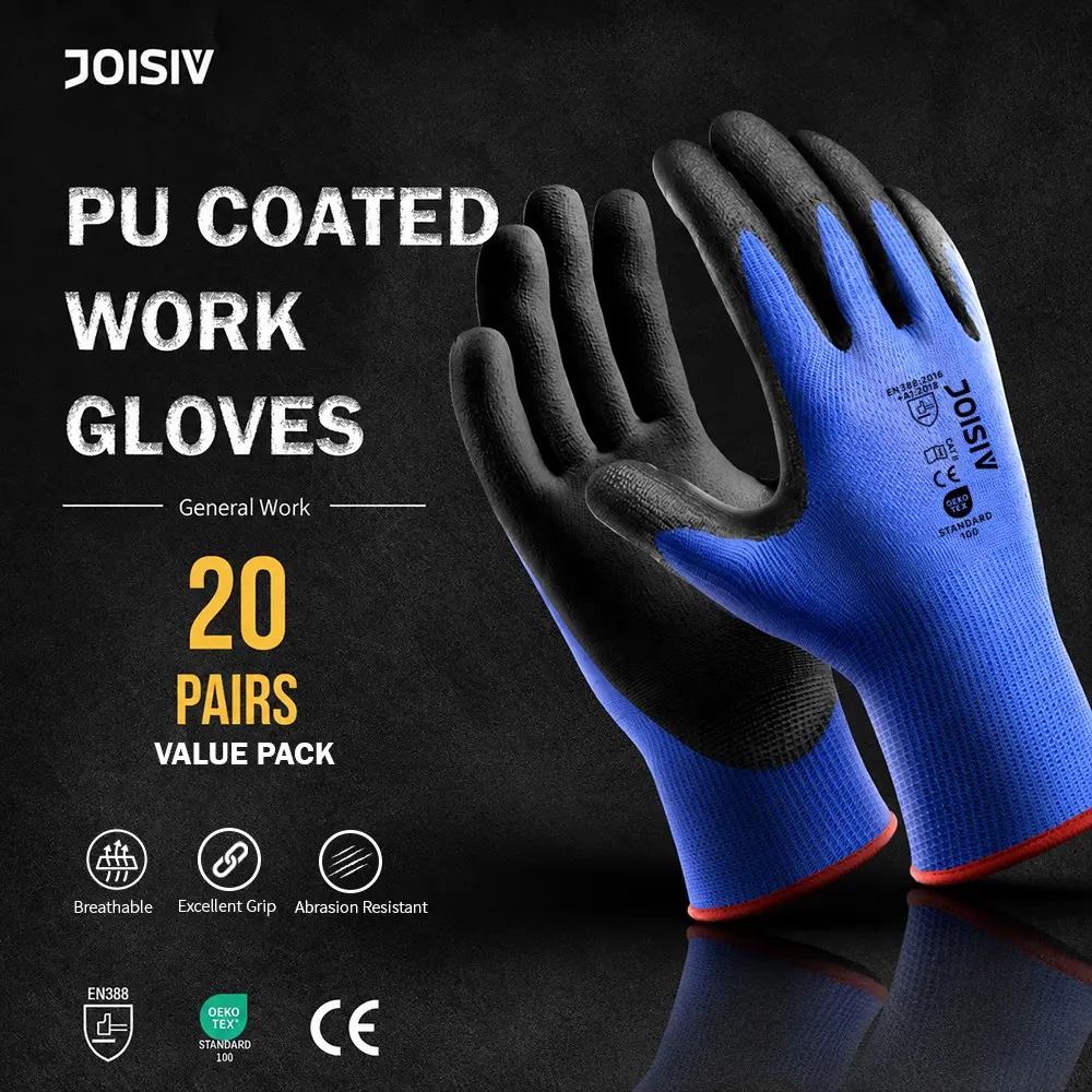 20 Pairs Blue PU Safety Gloves, Durable Non-Slip, Ideal for Construction, Warehouse, Auto Repair, Protective Workwear