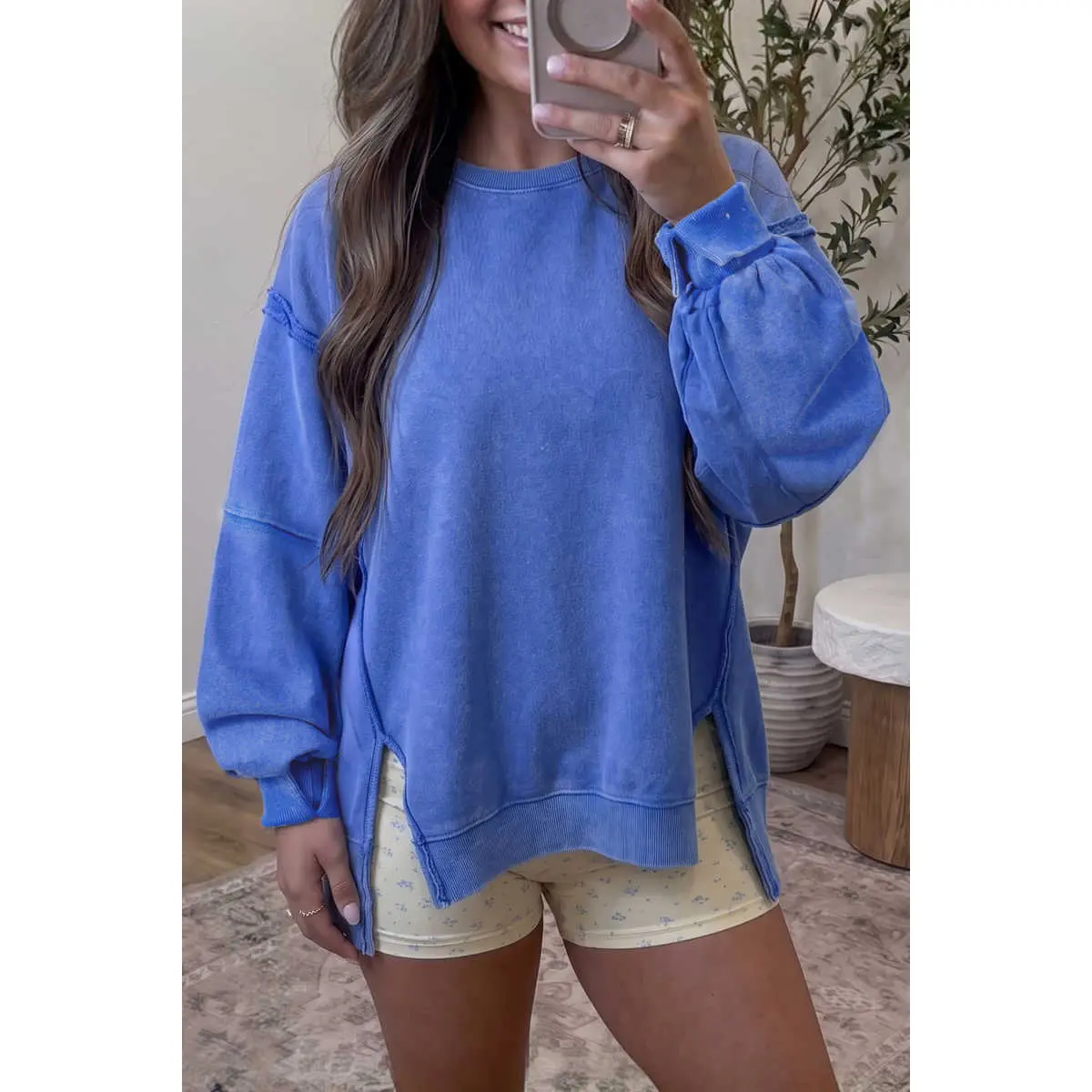 Sky Blue Mineral Wash Split Hem Loose Tunic Sweatshirt