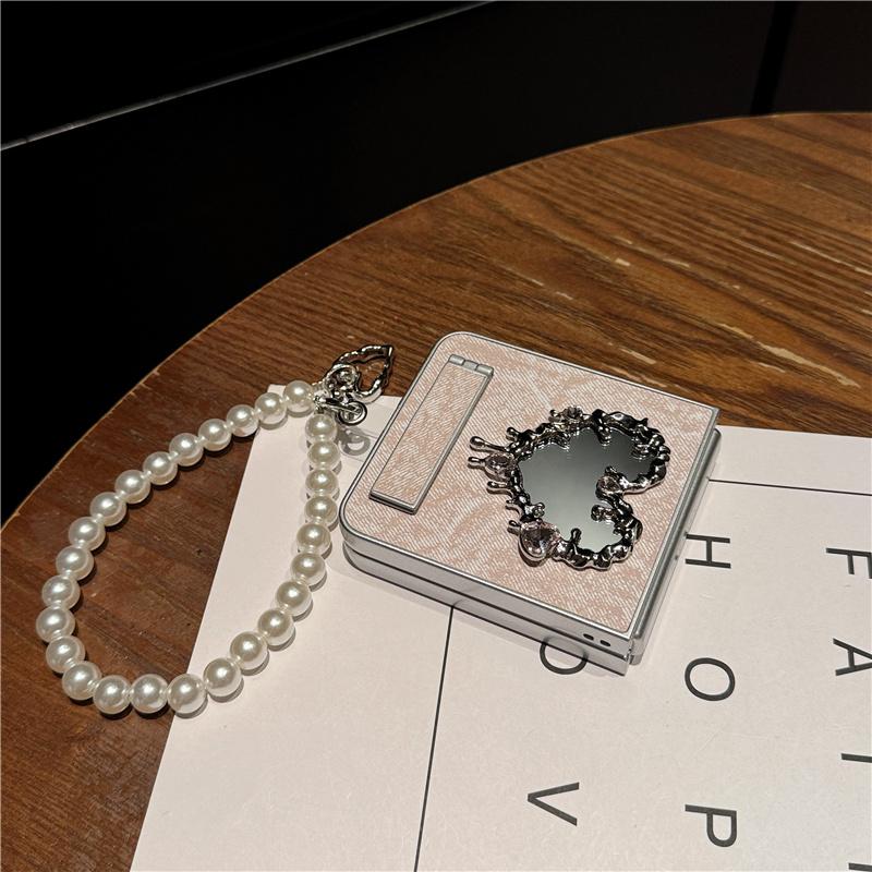 Korean Cute Heart Mirror Stand Phone Case For Samsung Galaxy Z Flip 7 6 5 4 3 Flip6 Flip7 Cover with Chain Denim Cute Cases Capa