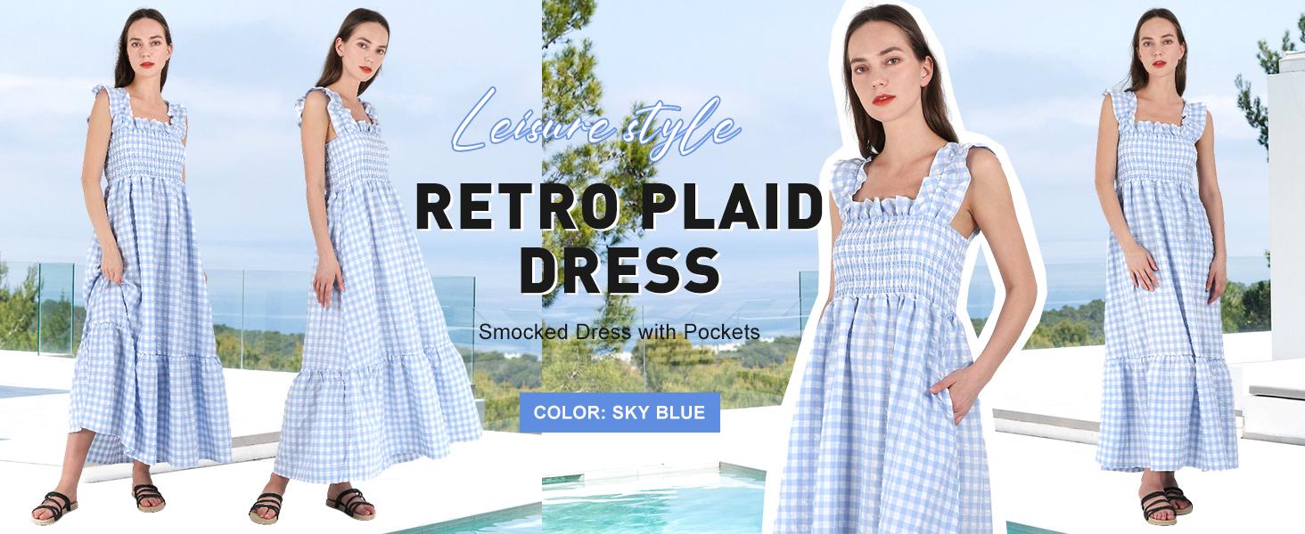 Chouyatou Women's Retro Plaid Smocked Dress Spaghetti Strap Flounce Long Casual Sleeveless Flowy Evening Fashion Basic with Pockets Womenswear Cute Elegant Sky SpringStatements