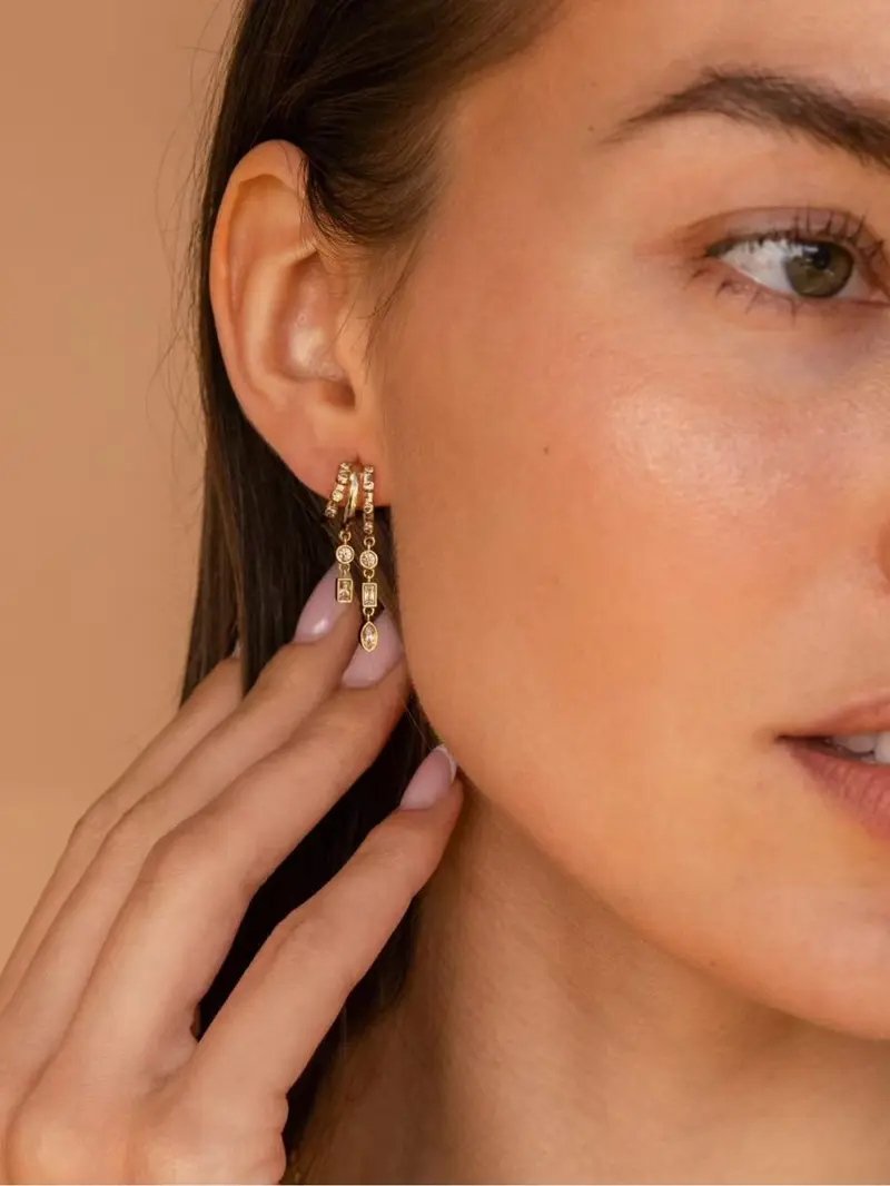 14K Gold-Plated CZ Drop Huggie Earrings for Women, Multi-Gemstone Design, Hypoallergenic Brass, Perfect for Everyday Wear & Layering, Trendy Minimalist Jewelry, Stackable Earrings, Versatile Earrings