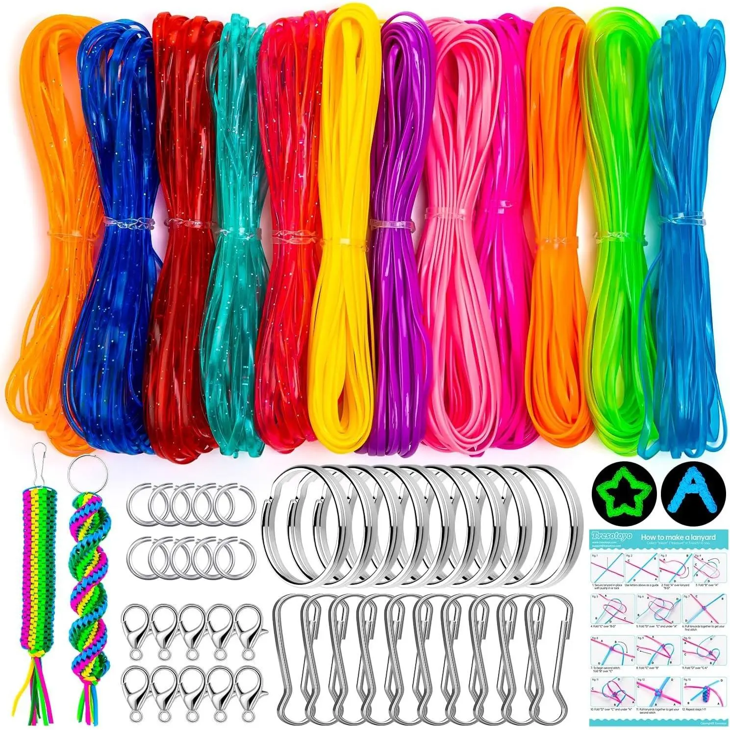 Lanyard String, 12 Colors Plastic String Lacing Cord Lanyard Strings Kit | Glossy Glow in Dark Glitter Color, 40Pcs Keychain Lanyards Accessories, For Keychain Crafts, Bracelet
