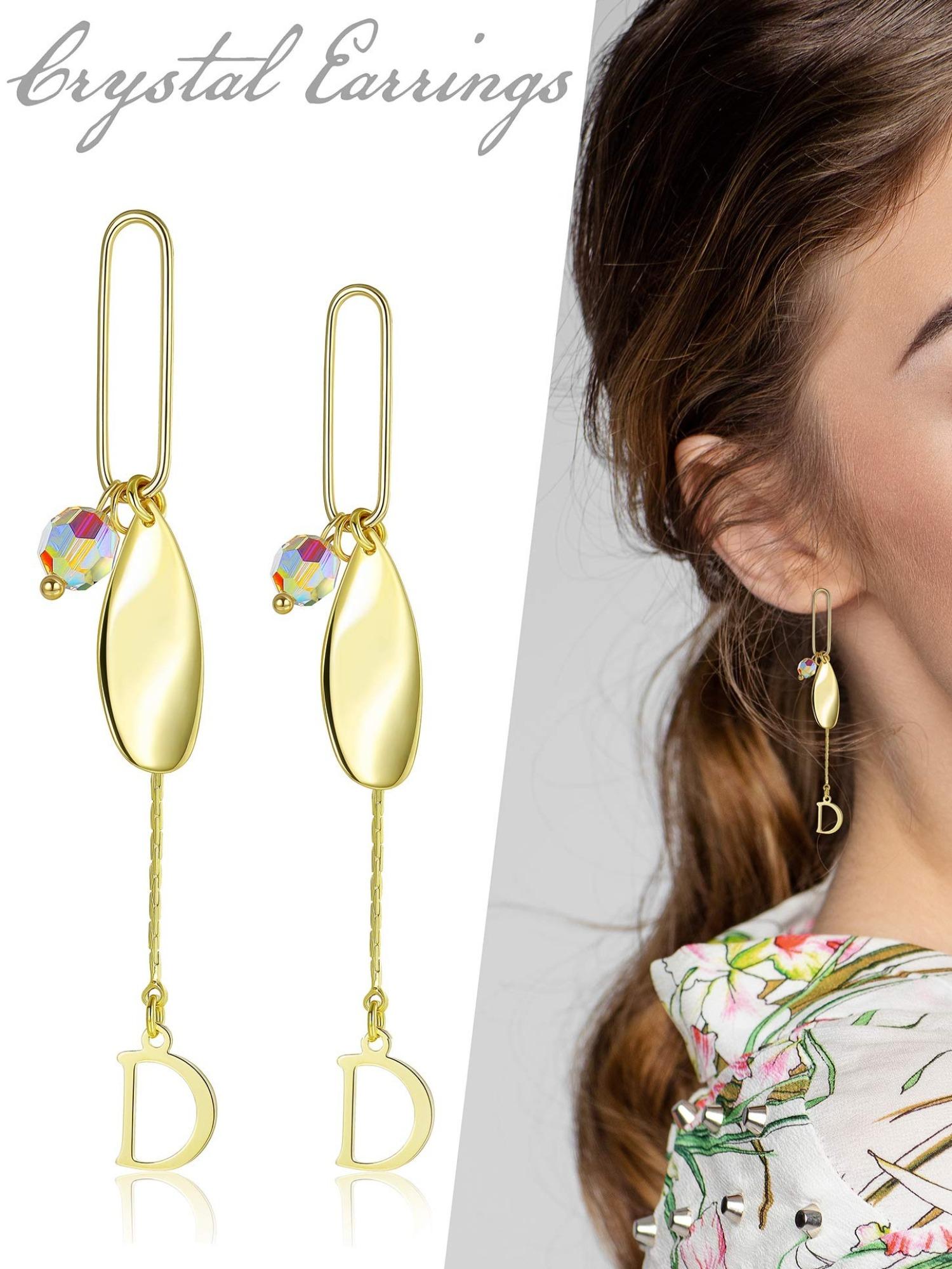 1 Pair Classic Teardrop Initial D Golden Earrings with Shining Swarovski Crystals for Women Men Fashionable Unisex Accessory Glamorous Dangle Design with Exquisite Crystal Hypoallergenic Skin-safe Durable Comfortable for Extended Daily Wear