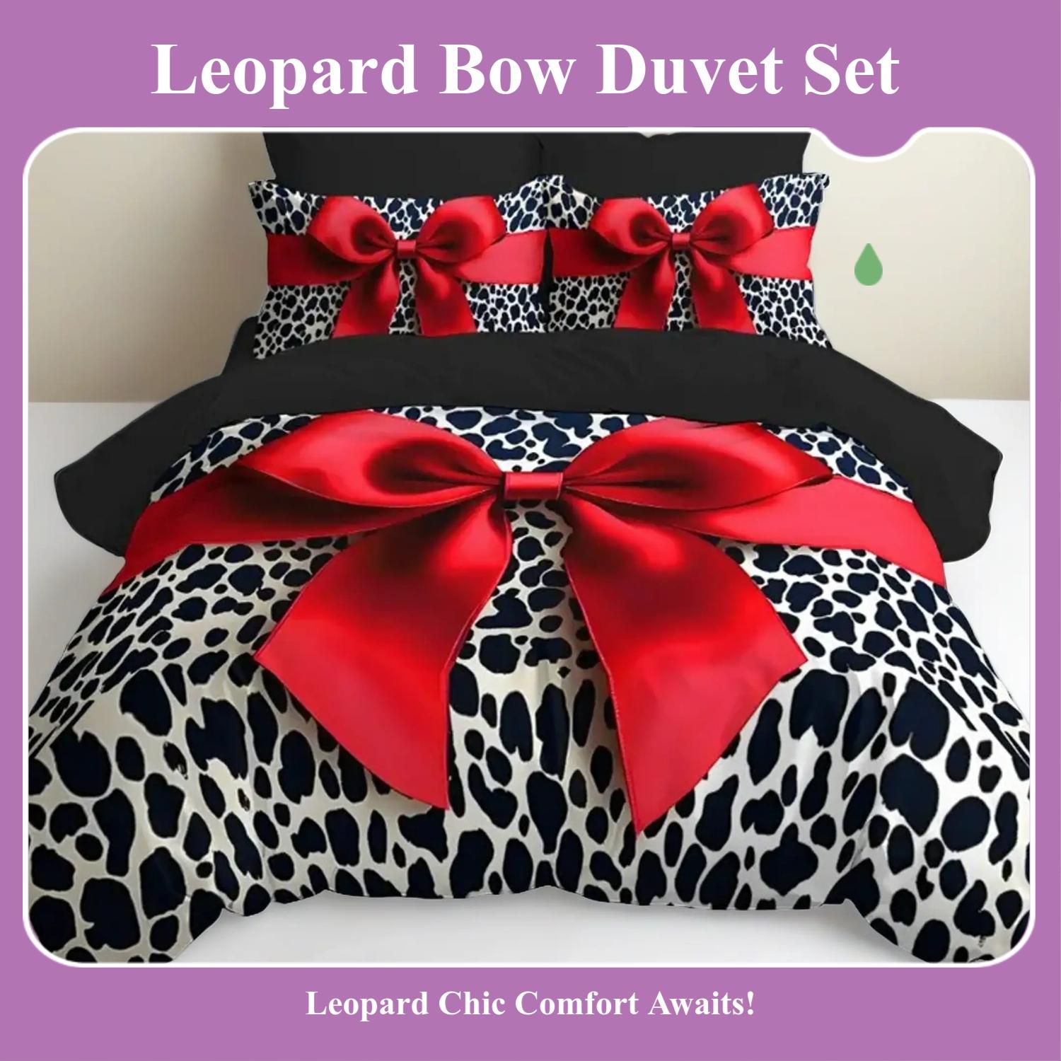 3pc Leopard Print Bedding Set, Soft Bedding Sets, leopard print and bow duvet cover Set, including 1 duvet cover and 2 pillowcases, a gift for friends, suitable for single beds and double beds, multiple sizes available, perfect for bedrooms, dormitories