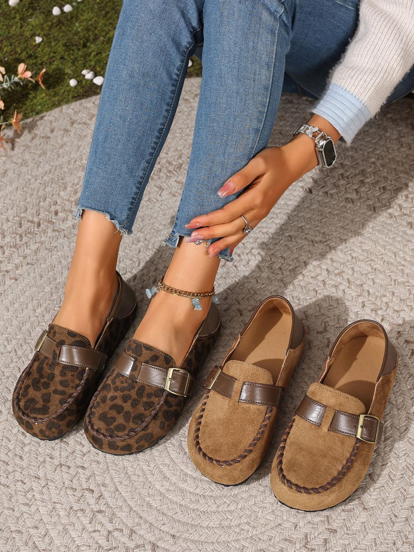 Women's Leopard Print Suede Mule Slippers, Metal Buckle Thick Sole, Retro Casual Half Slipper, Comfortable All Season Shoes