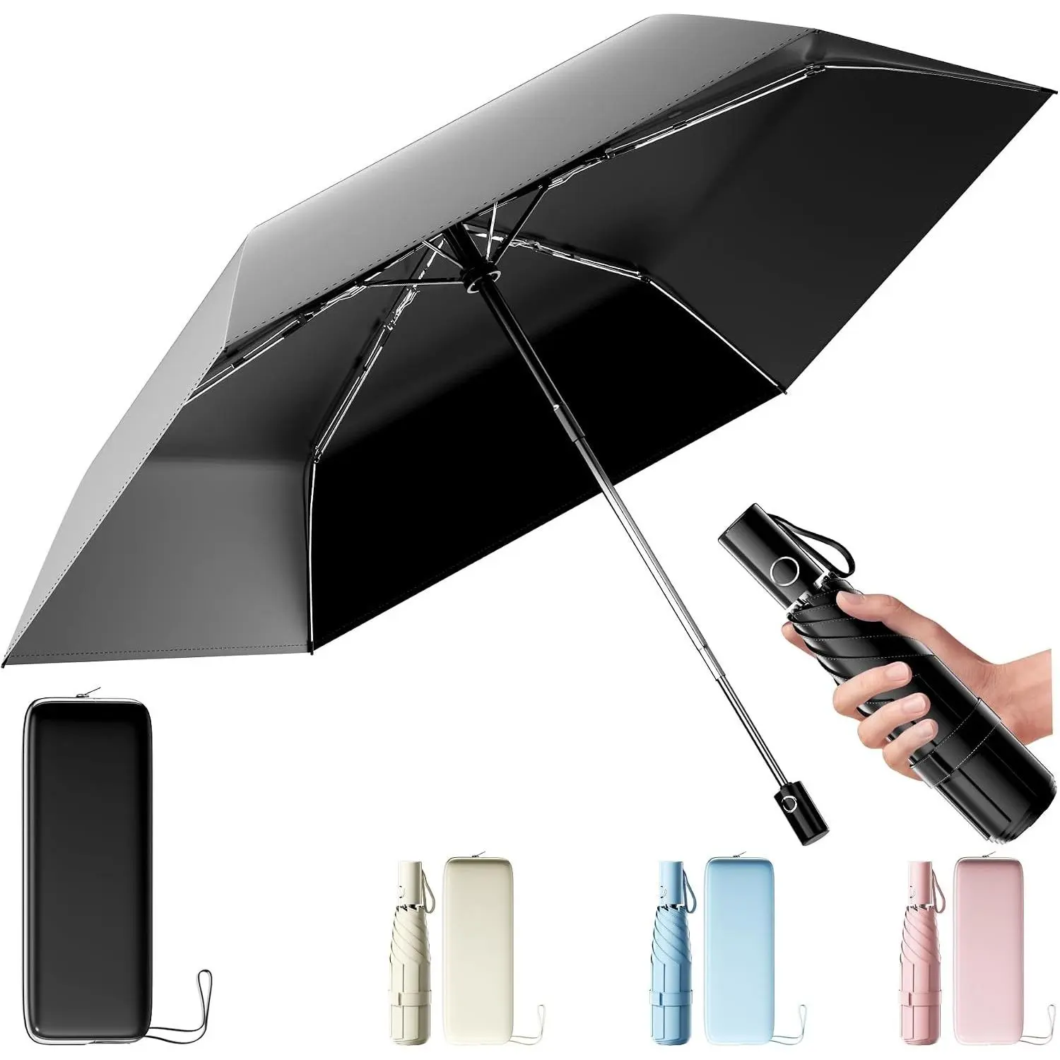 UPF 50+ Compact Travel Umbrella, Windproof Automatic UV Umbrella | One-Button Auto Open & Close, 9.8-Inch Compact Folded Size, Storage Pouch and Wrist Strap Included, For Commute Rain and Sun