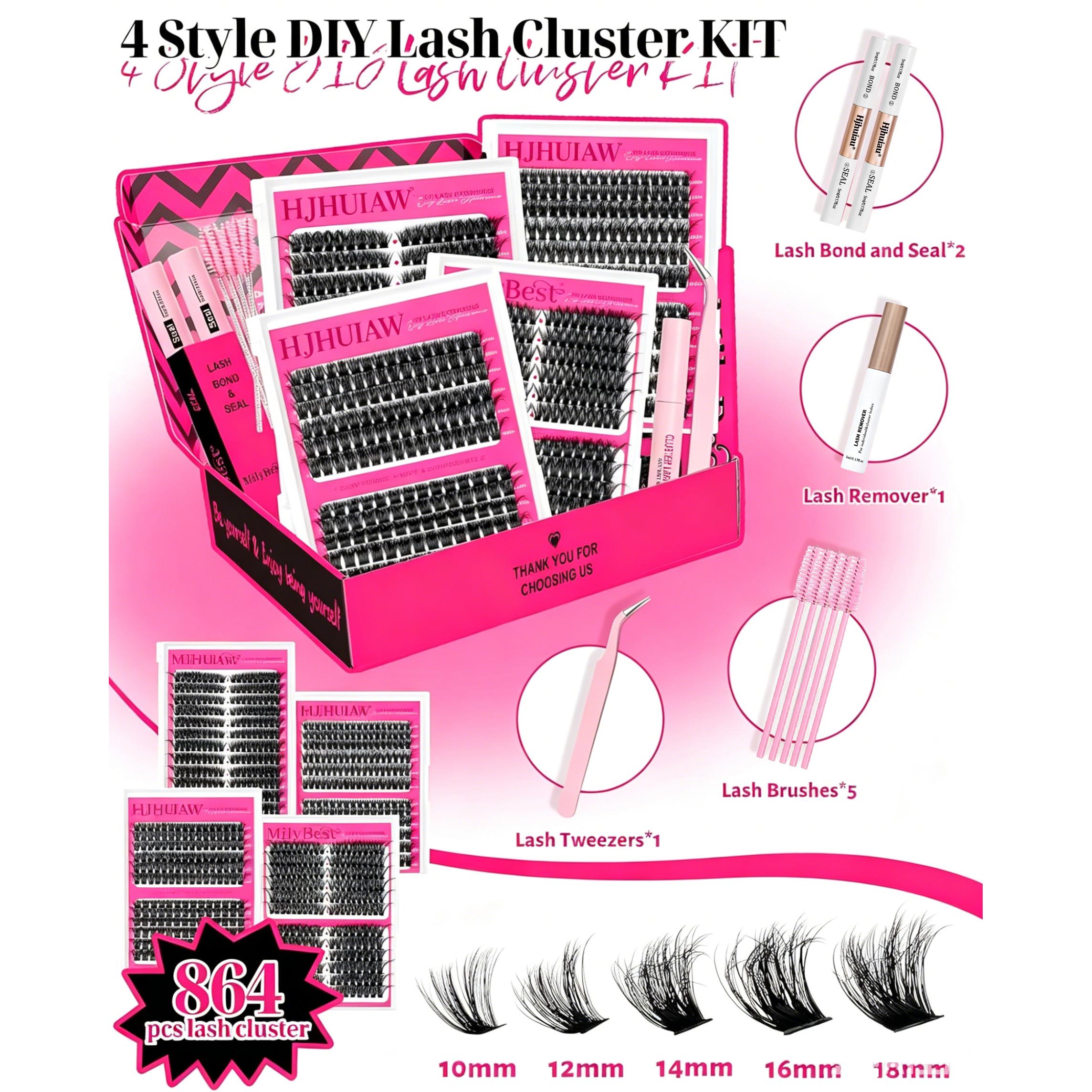 HJHUIAW 4 Styles Lash Clusters Kit 864Pcs Eyelash Clusters Lash Kit Volume Lashes Clusters D Curl DIY Individual False Eyelashes with 2 Bond&Seal Wispy Bulk Cluster Eyelash Extensions Kit De Pestañas