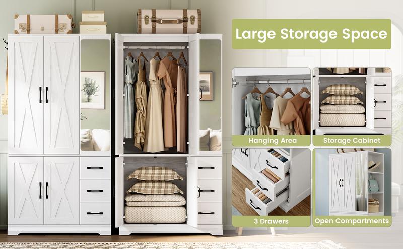 ANCTOR Armoire Wardrobe Closet with Mirror, 70.9" H × 36.2" W, Bedroom Armoires with 4 Doors, 3 Drawers and Shelves, Large Clothing Storage Cabinet for Hanging Clothes