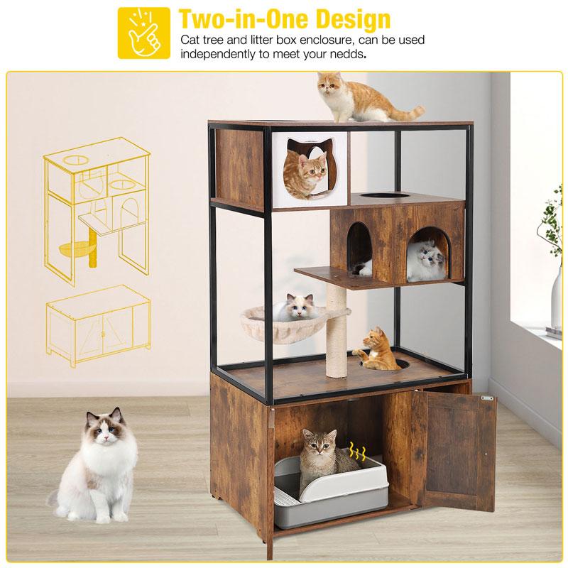 Aivituvin-AIR102 Wooden 3-Story Cat Condo with Litter Box Enclosure| Strong Iron Frame