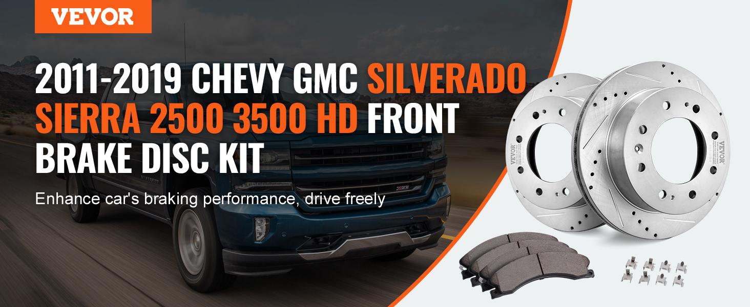 VEVOR Front Brake Kit Compatible with 2011-2019 Chevy Silverado GMC Sierra 2500 3500 HD, Drilled and Slotted Brake Rotors Ceramic Brake Pads Replacement Kit, 14 Front Rotors