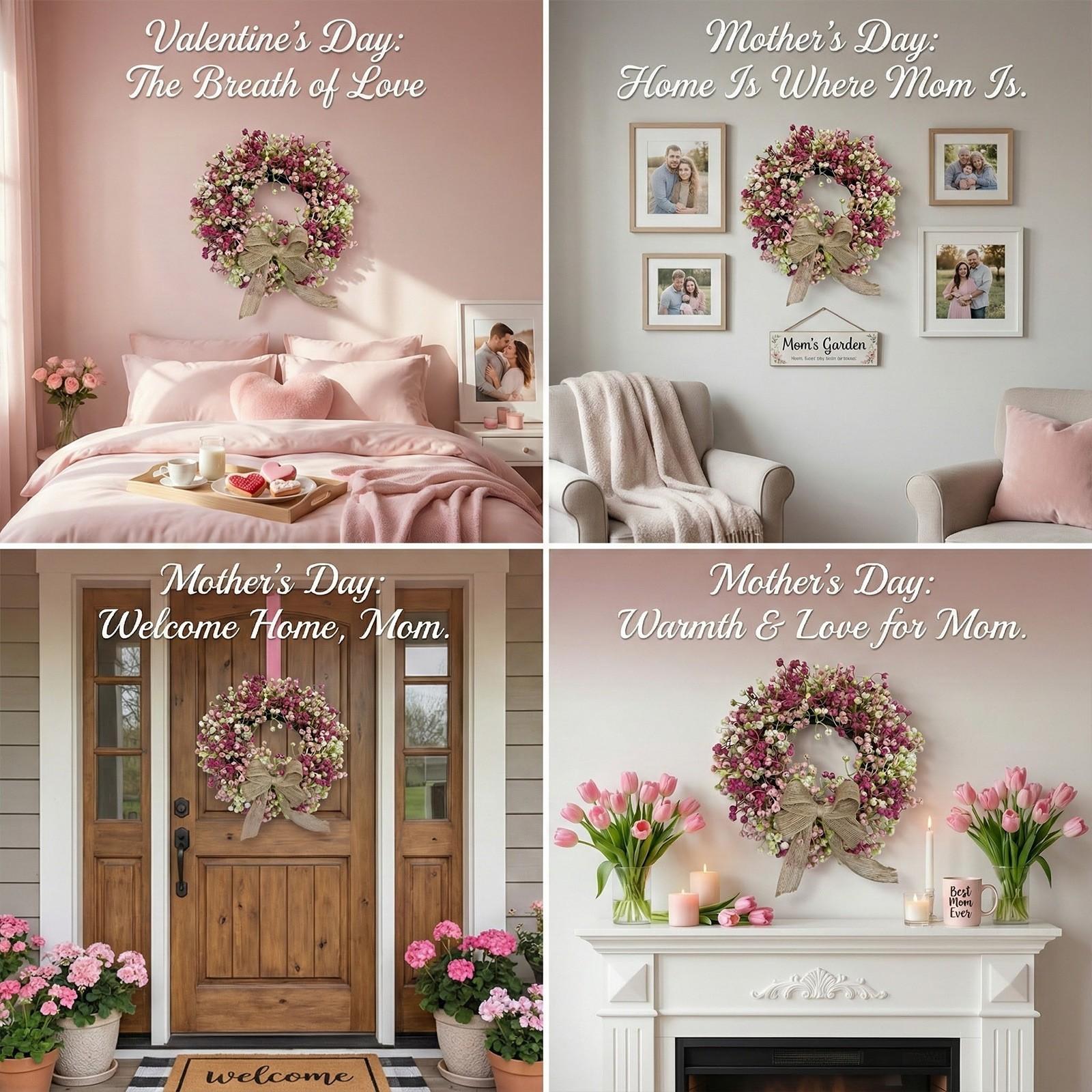 1PC Spring Pink & White Berry Wreath with Burlap Bow, 30cm Artificial Floral Door Wreath for Home Wall Decor, Mother's Day & Easter Photo Props