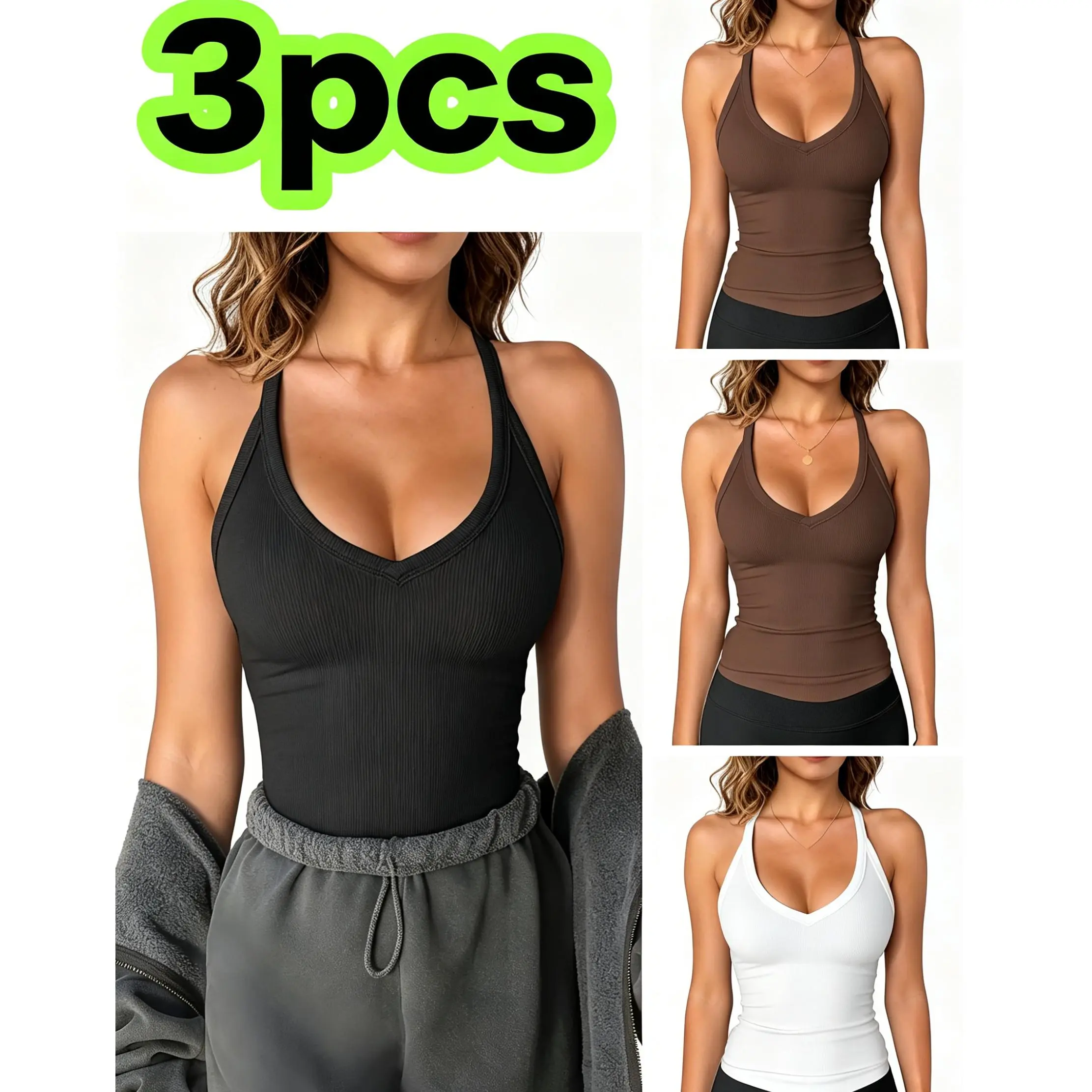 3pcs(black+white+brown) Set of Solid Color No breast pads Low Neck V-Neck Tank Top, Women'S Underwear for Inner And Outer Wear, Fashionable Temperament for All Seasons, Thin And Sexy Sleeveless Slim Fit Top, Small Tank Top, Sleeveless T-Shirt, Sports Yoga