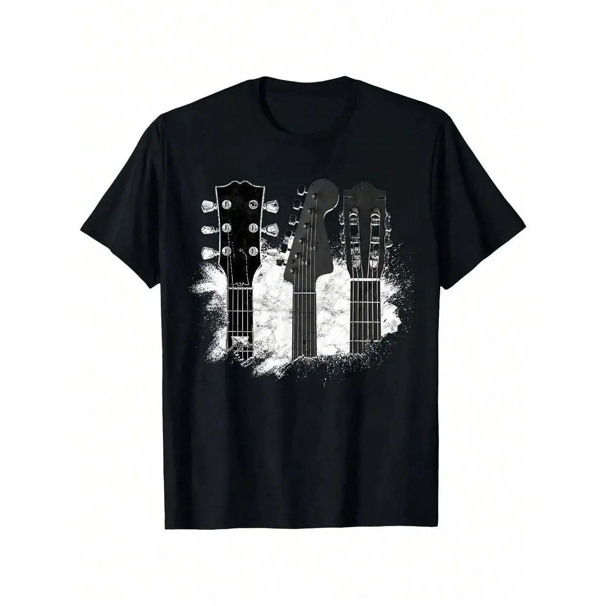 T-Shirt -100% Cotton, Black Short Sleeved Round Neck With White Guitar Silhouette, Comfortable And Machine Washable, Ideal Gift For Music Enthusiasts