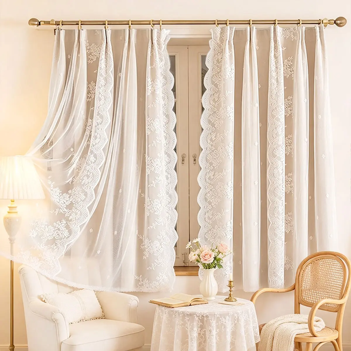 Lace Curtain, 2 Counts French Romantic Blackout Curtain, Double-layer Cloth Yarn Integrated Door Curtain, Curtain For Doorway, Home Decor for Bedroom Bay Window, Home Decoration Curtain