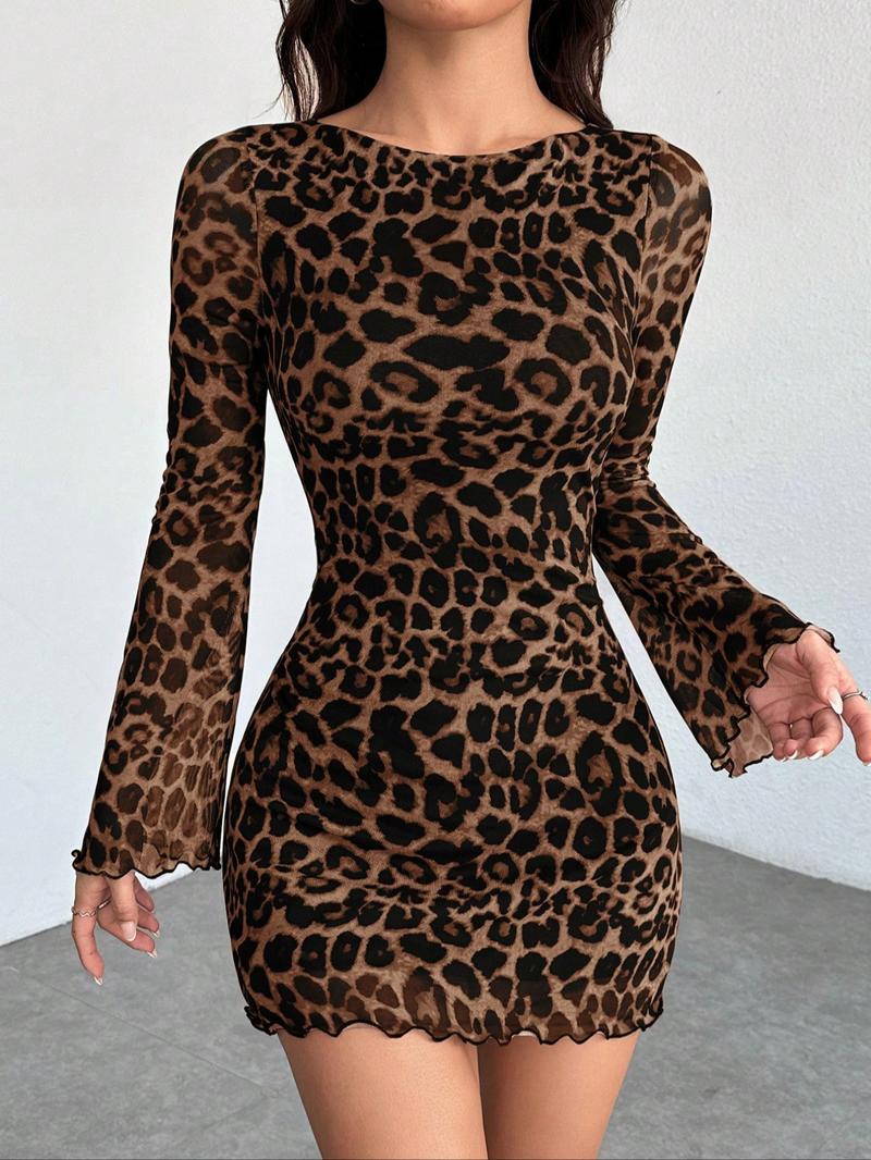 Aliling Women's Leopard Print Patchwork Dress, Round Neck Long Sleeve Slim Fit Mini Dress, Fall & Winter Fashion Party Wear