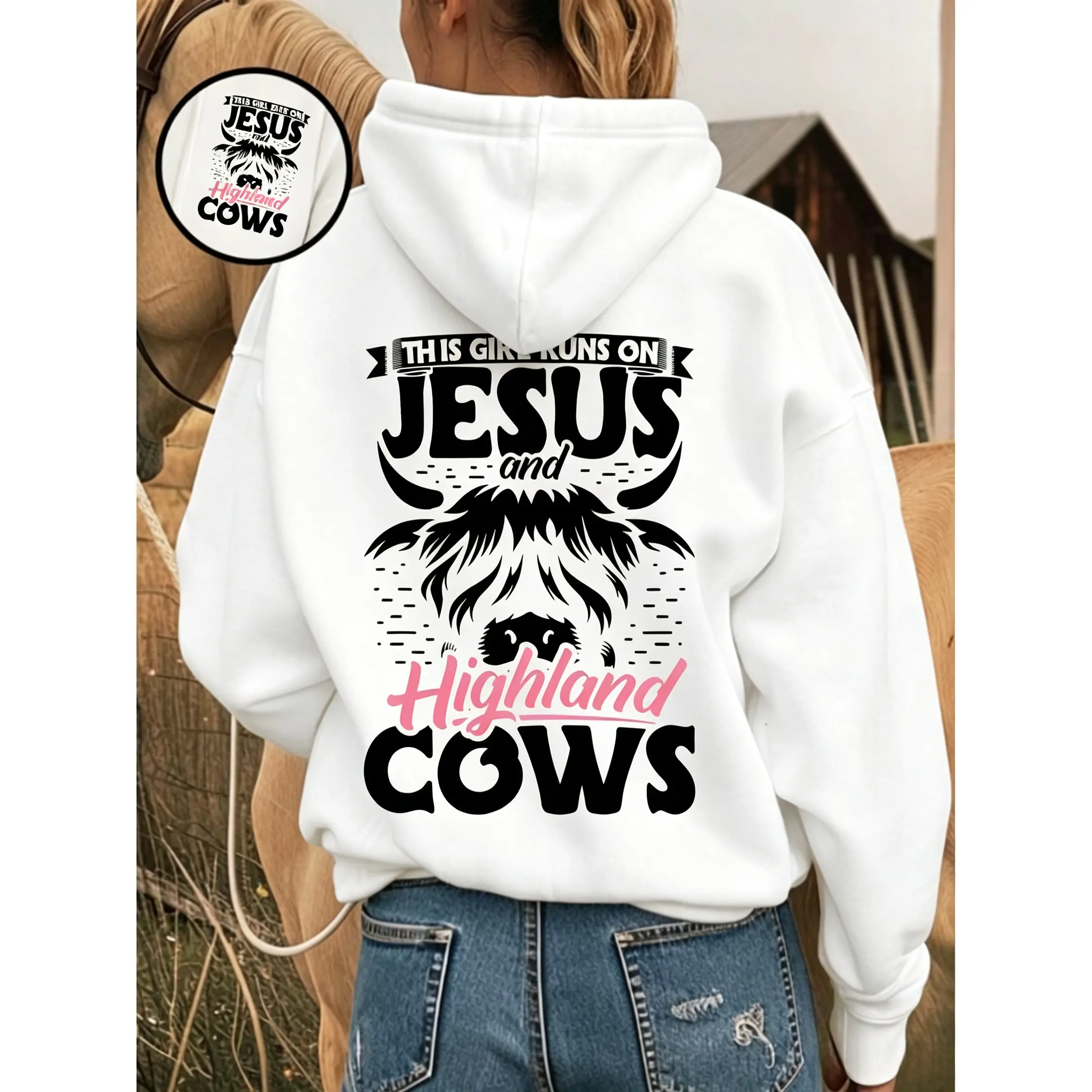 Women'S Highland Cow Christian Faith Graphic Hooded Sweatshirt| Scottish Cow Print & Highland Cows Lettering, Casual Pullover Hoodie for Winter, Fall, Casual Attire, Machine Washable, All-Season Comfort, Scottish-Themed Apparel