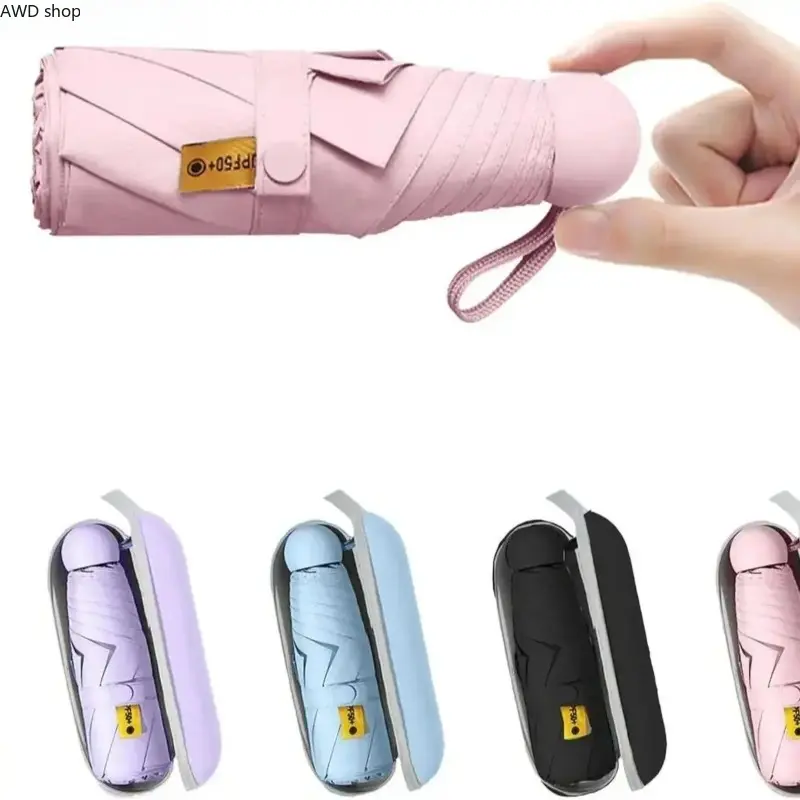 Compact Capsule Case Travel Umbrella, Lightweight Folding Parasol with Windproof Fiberglass Ribs and UPF 50+ UV Protection, Portable Dual-Use Gear for Commute, Beach and Outdoor Travel