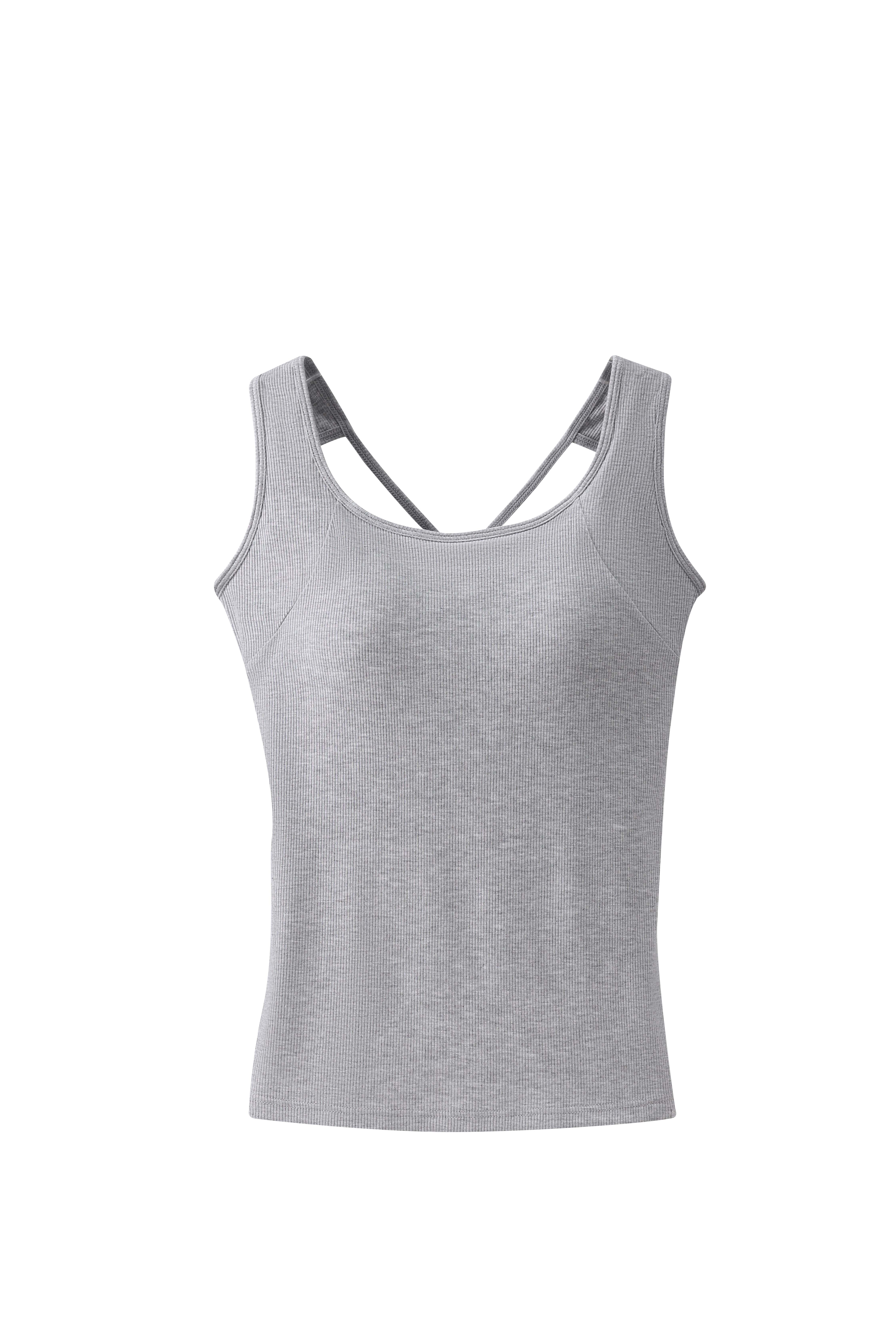 EssElegance Women's Minimalist Sleeveless Ribbed Viscose-Elastane Basic Workout Tank Top - Fabric-Built-in Padded Bra, Strappy Sporty Chic Criss Cross Back, Scoop Neck, Slim Fit, Breathable Wear for Gym, Yoga, All Seasons, Cold Hand Wash, Denim Style, Wor