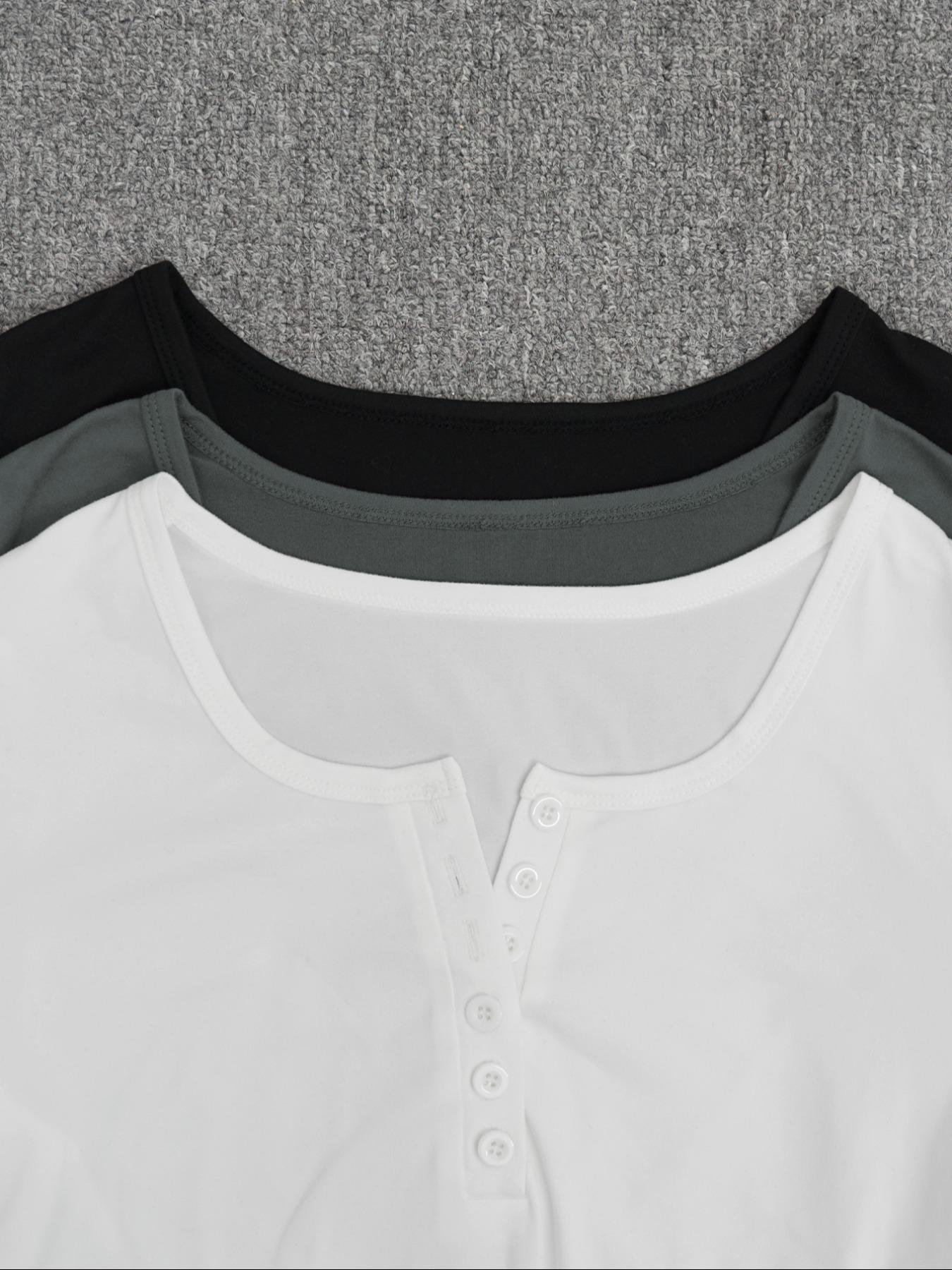 3pcs Autumn And Winter Women'S Casual Fashion Sporty Tee Set, With Multi Button Design, Solid Color Round Neck Long Sleeved Top, Athleisure Wear Set